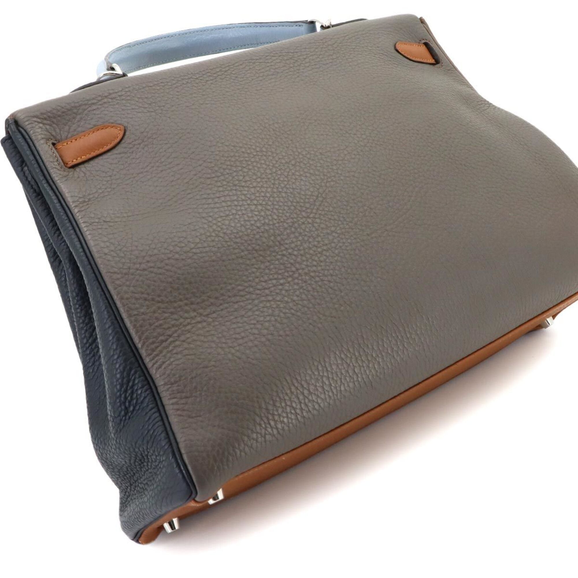 Hermes Blue Lin Blue Obscurs Brown Etain Etoupe Gray Taurillon Clemence Leather Handbag (Pre-Owned)
