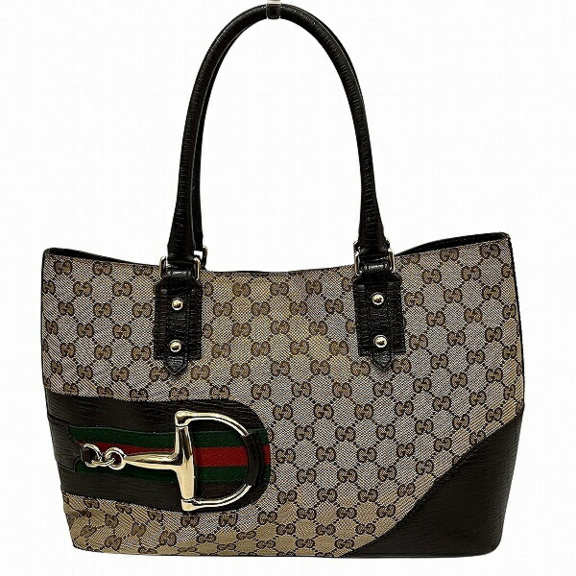 Gucci Horsebit Brown Gg Canvas Leather Handbag Tote Bag (Pre-Owned)