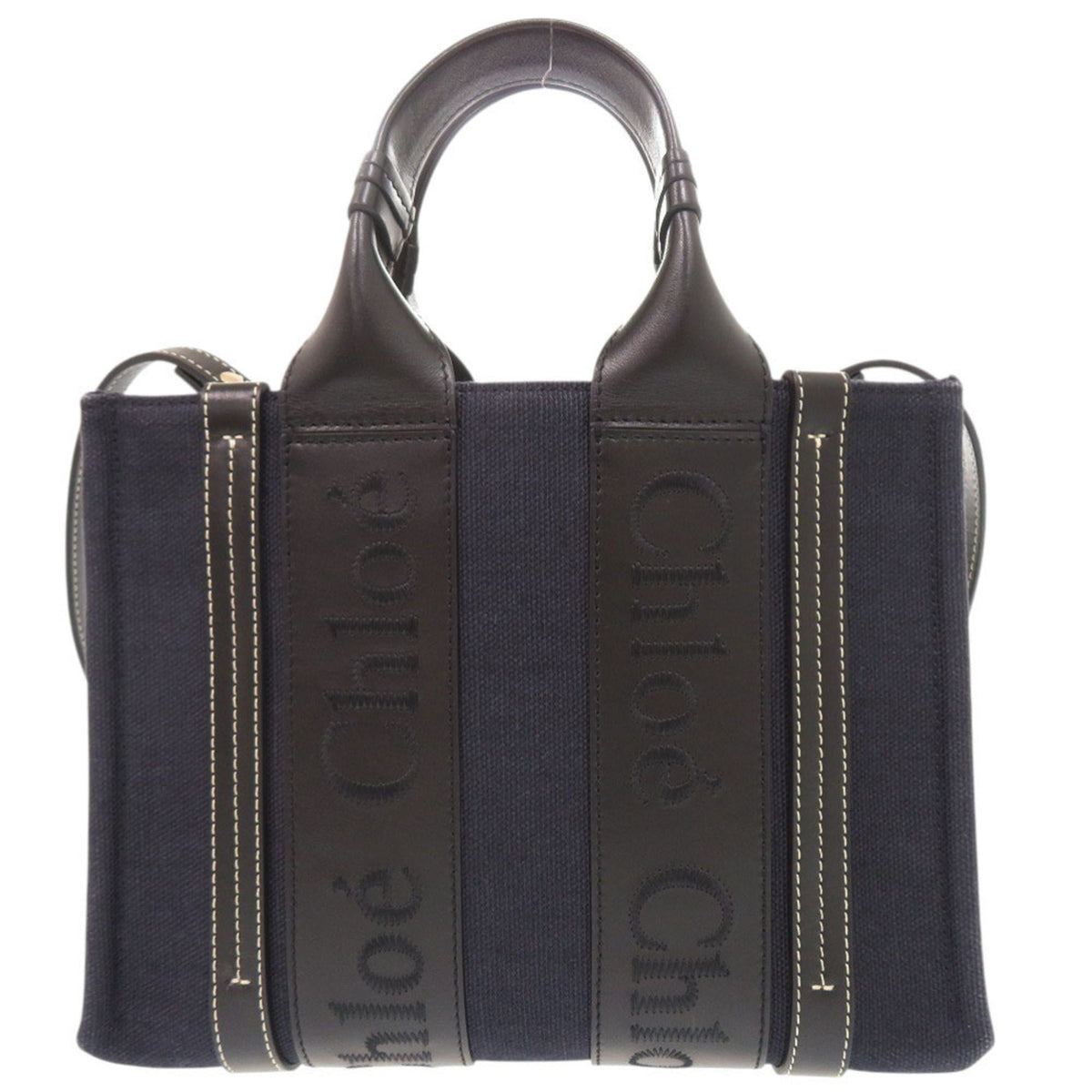 Chloé Black Navy Leather Linen Canvas Handbag Shoulder Bag Tote Bag (Pre-Owned)