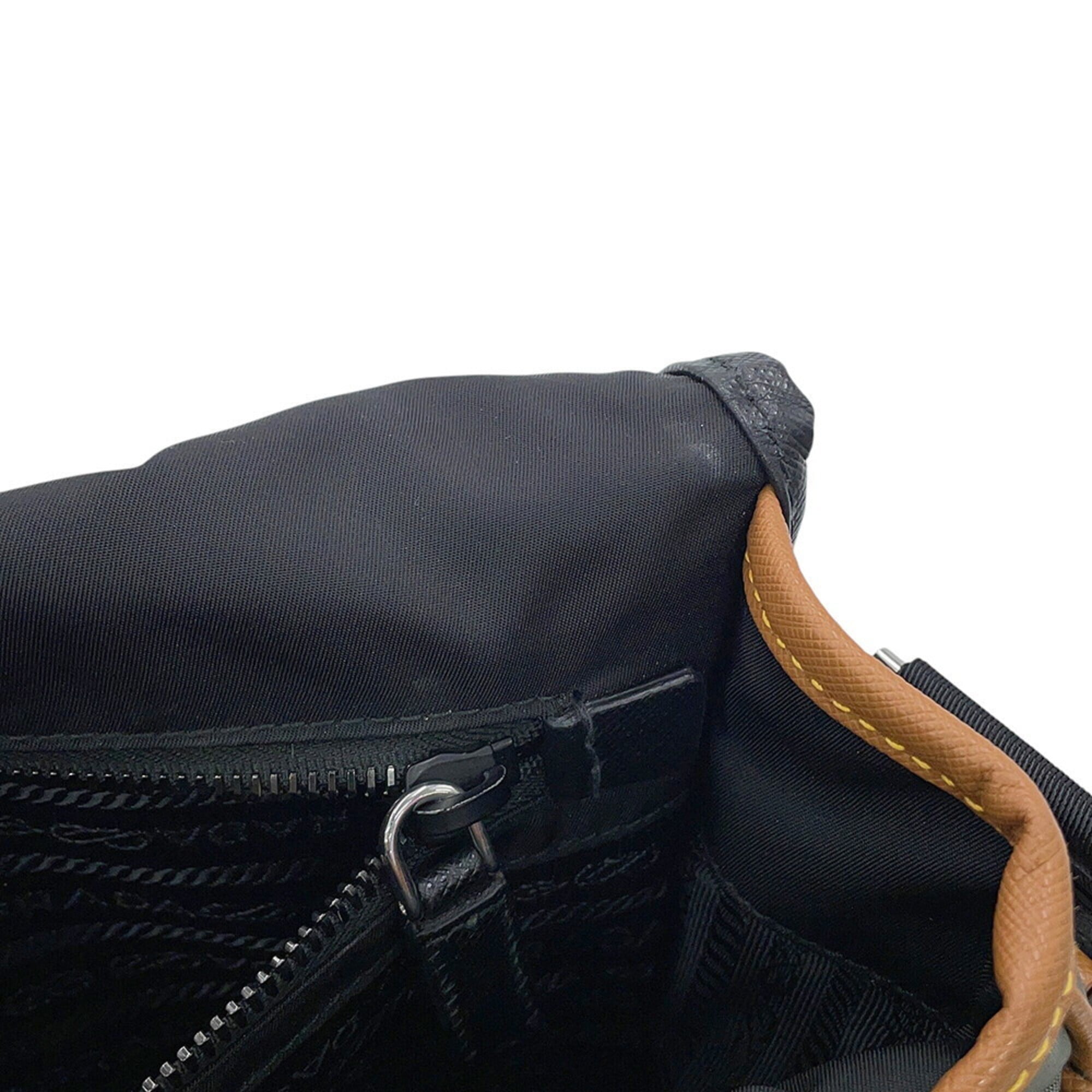 Prada Black Gray Brown Nylon Leather Handbag Shoulder Bag (Pre-Owned)