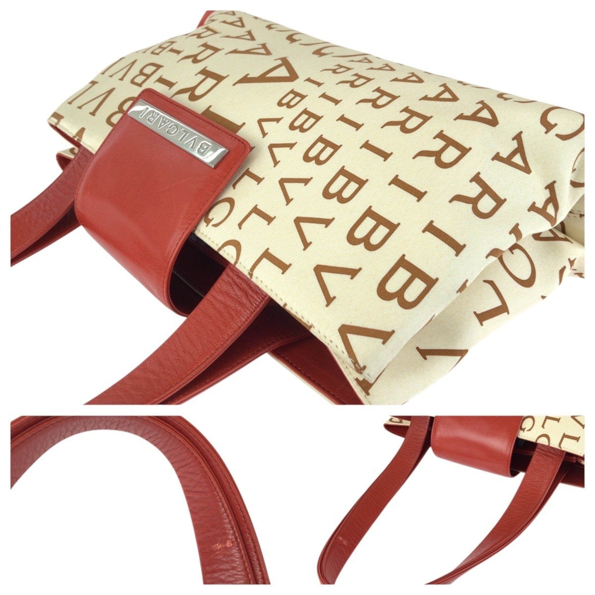 Bvlgari Ivory Red Color Canvas Leather Shoulder Bag Tote Bag (Pre-Owned)