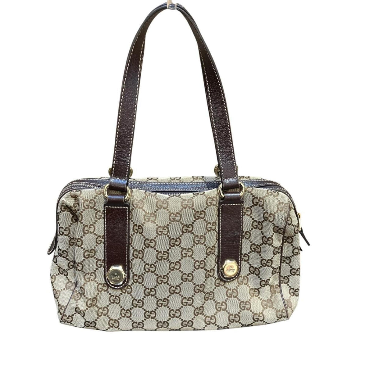 Gucci Gg Canvas Beige Brown Canvas Leather Handbag (Pre-Owned)