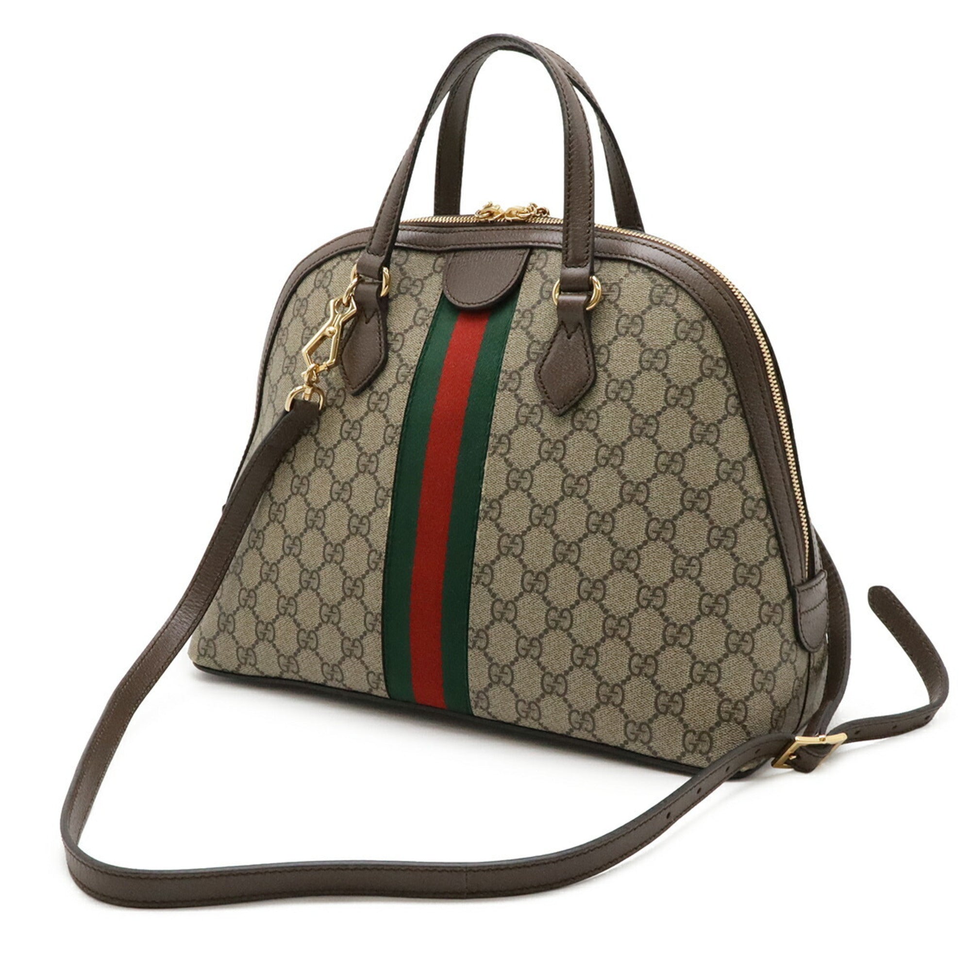 Gucci Beige Dark Brown Green Red Color Gg Supreme Canvas Leather Handbag Shoulder Bag (Pre-Owned)