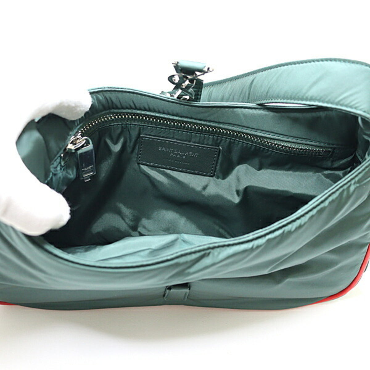 Saint Laurent Green Khaki Red Color Leather Shoulder Bag (Pre-Owned)