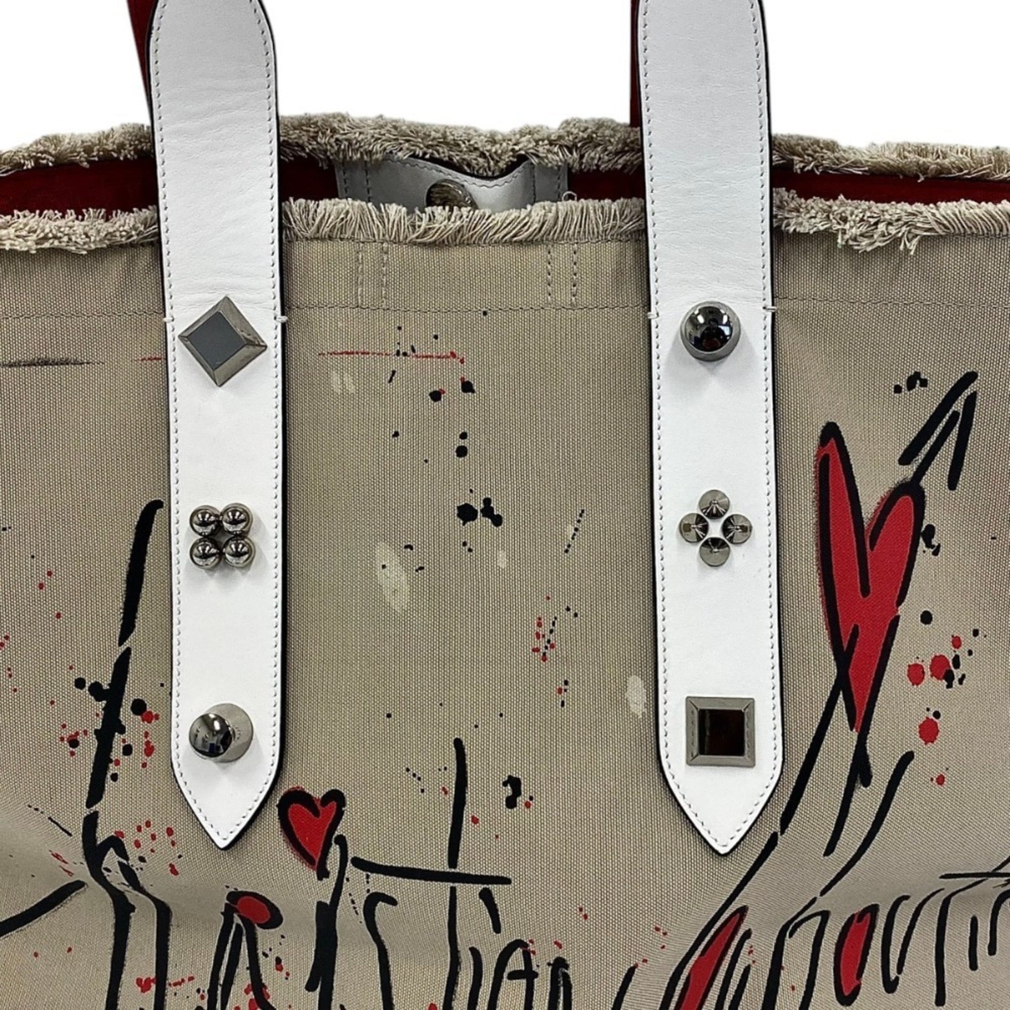 Christian Louboutin Beige Red Color White Canvas Tote Bag (Pre-Owned)