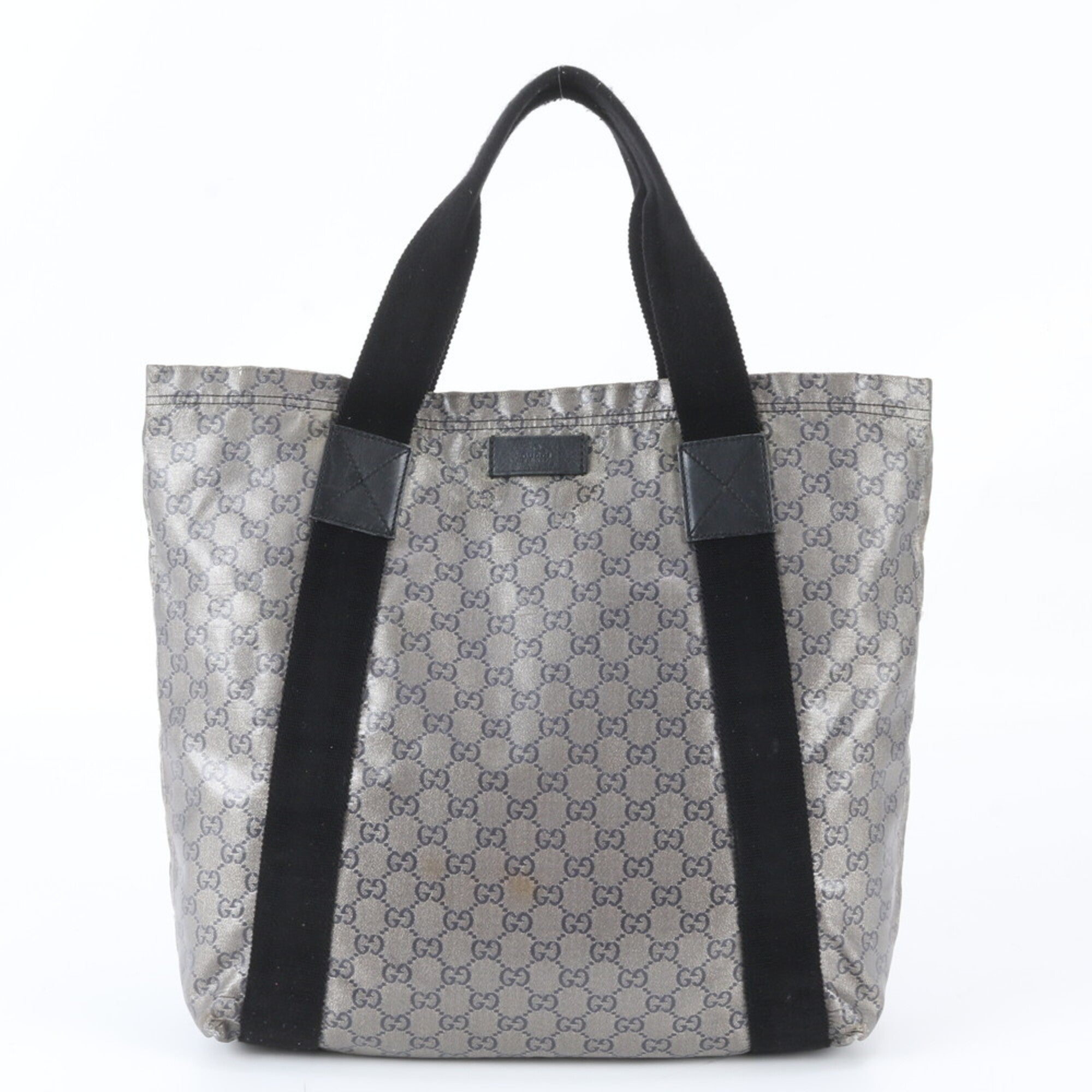 Gucci Black Navy Silver Leather Coated Canvas Handbag Shoulder Bag Tote Bag (Pre-Owned)