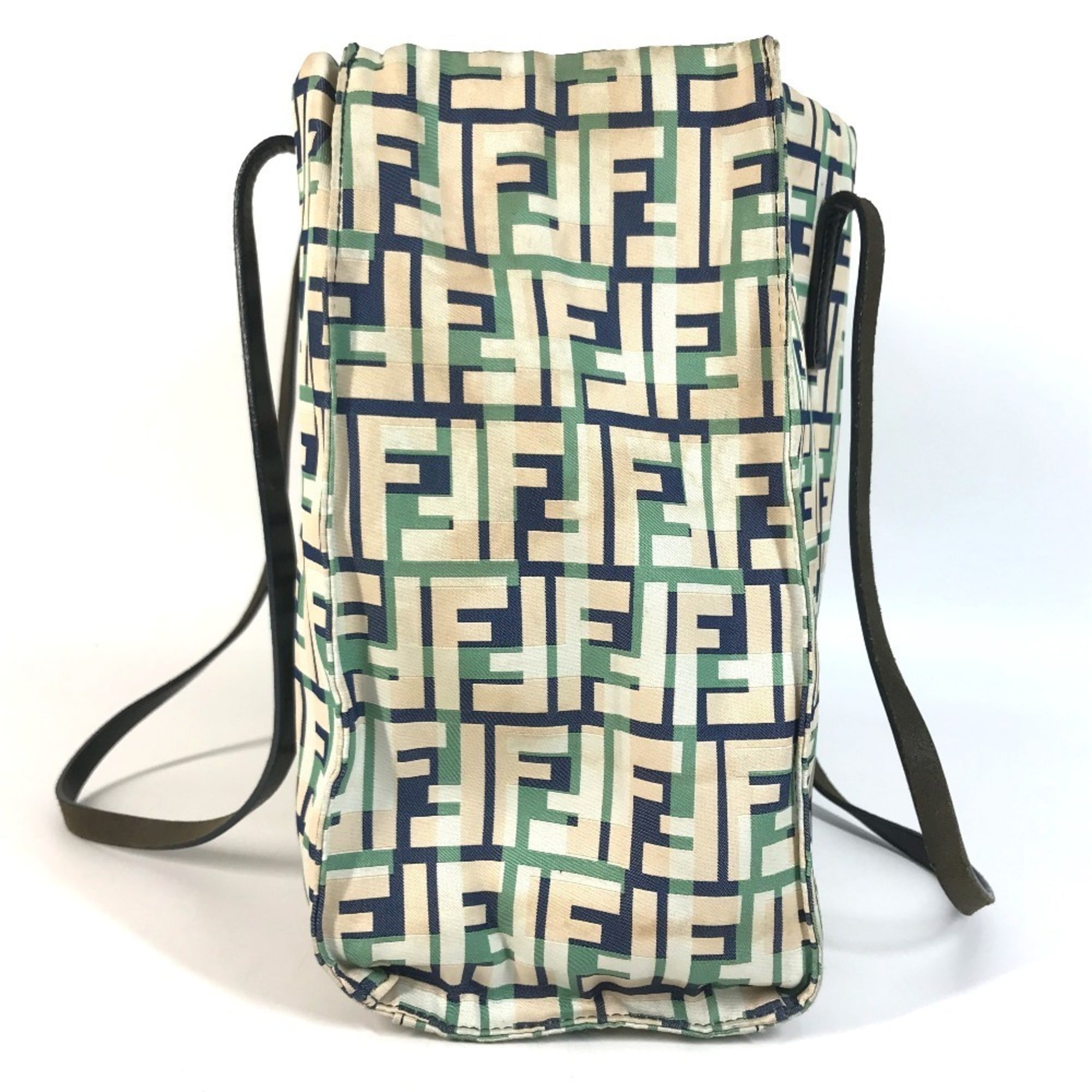 Fendi Beige Blue Green Leather Canvas Shoulder Bag Tote Bag (Pre-Owned)