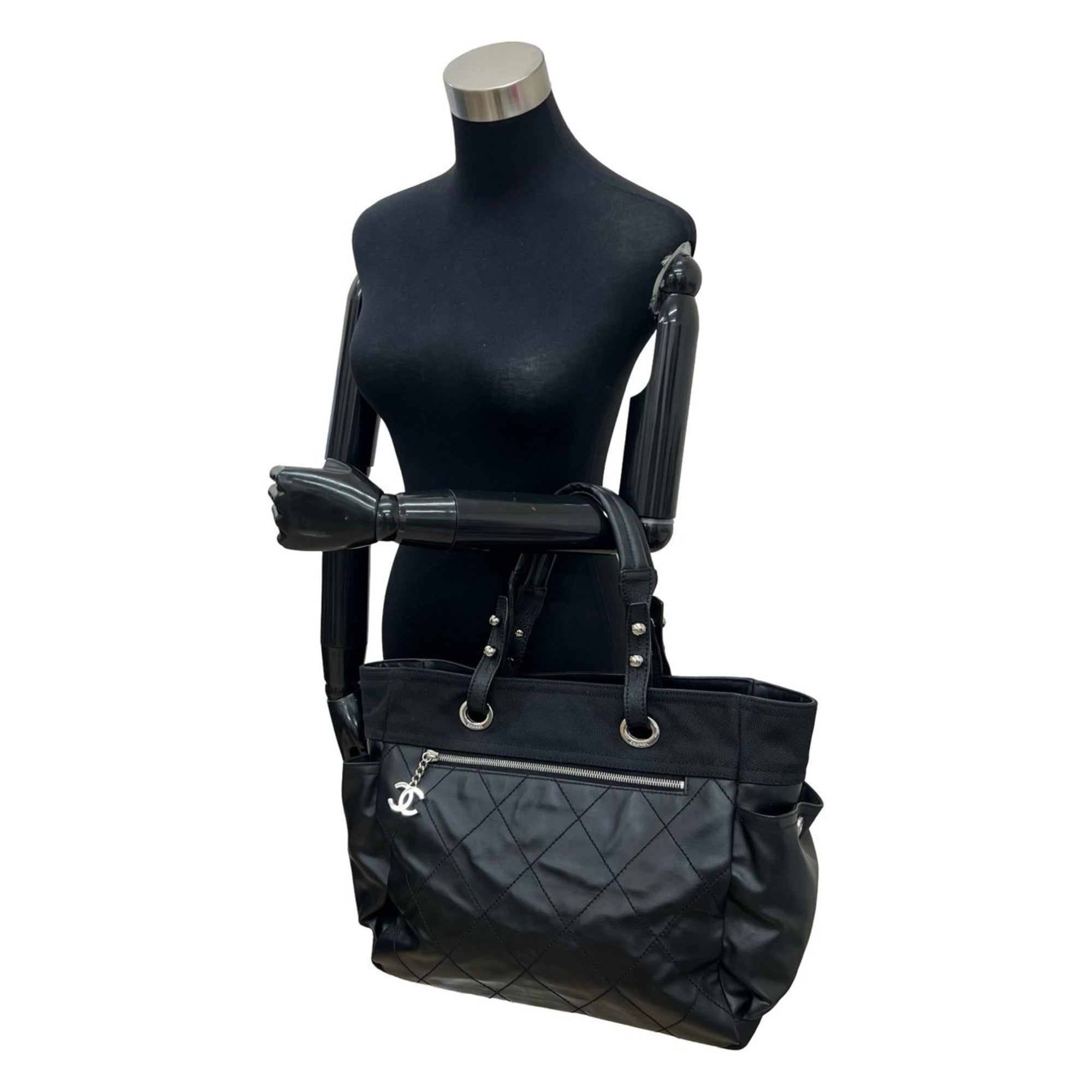 Chanel Black Leather Canvas Handbag Pouch Tote Bag (Pre-Owned)