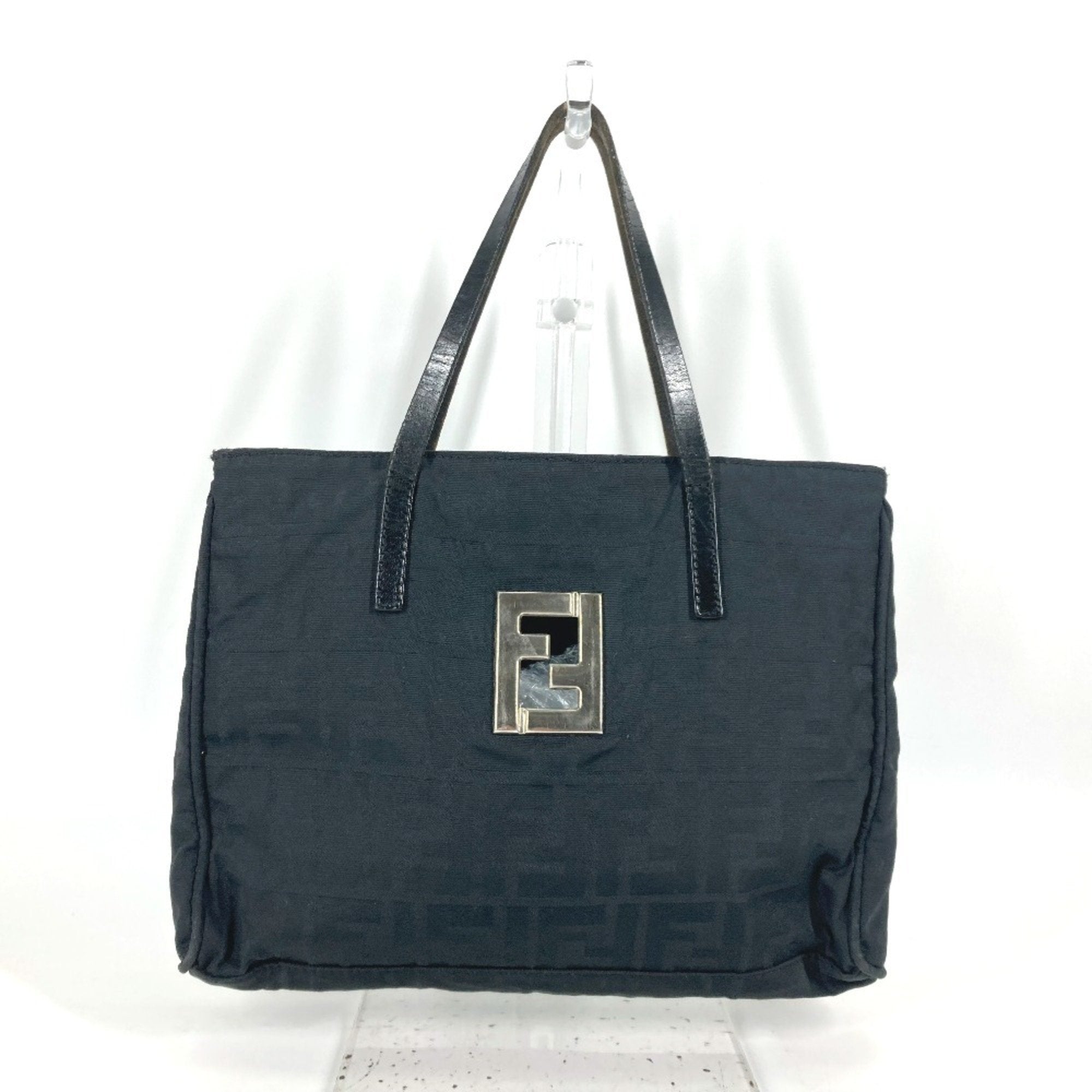 Fendi Zucca Black Nylon Leather Handbag Tote Bag (Pre-Owned)