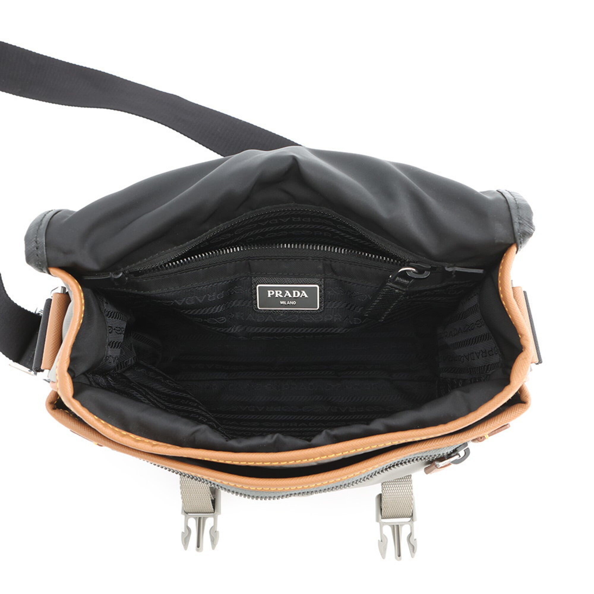 Prada Black Gray Brown Nylon Leather Handbag Shoulder Bag (Pre-Owned)