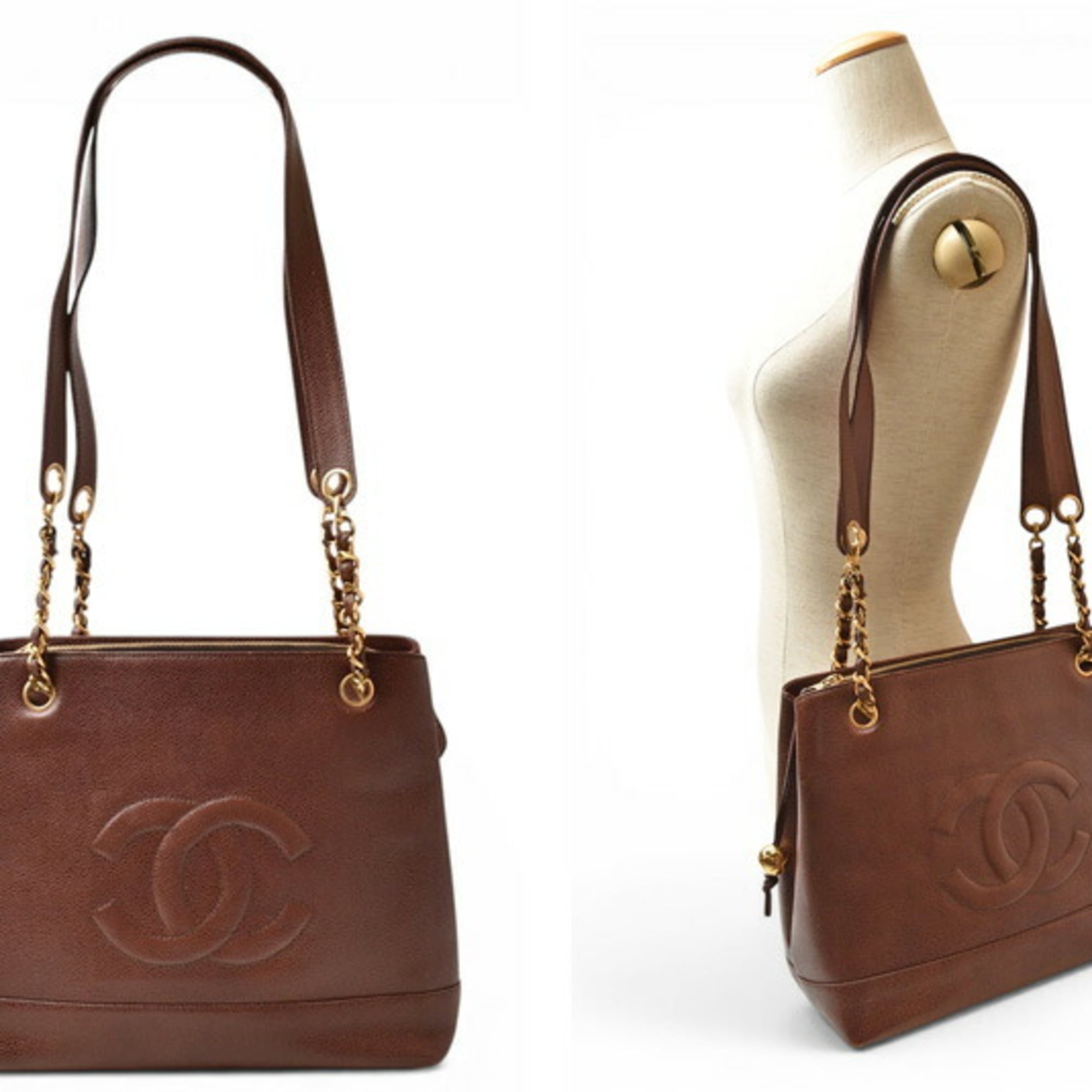 Chanel Brown Gold Leather Shoulder Bag Tote Bag (Pre-Owned)