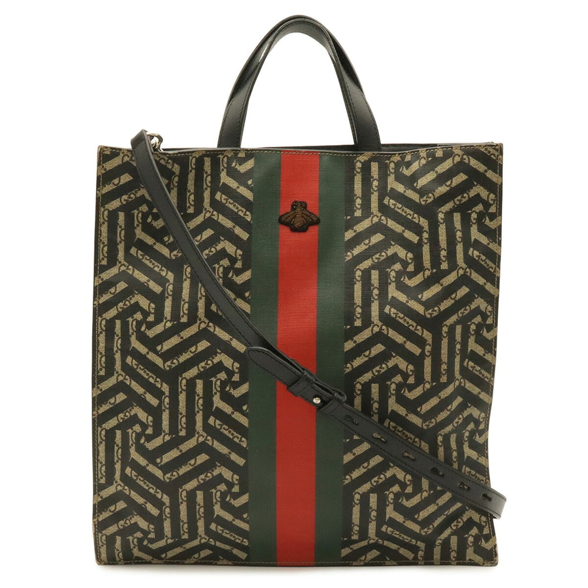 Gucci Beige Black Green Khaki Red Color Gg Supreme Canvas Pvc Coated Canvas Leather Shoulder Bag Tote Bag (Pre-Owned)