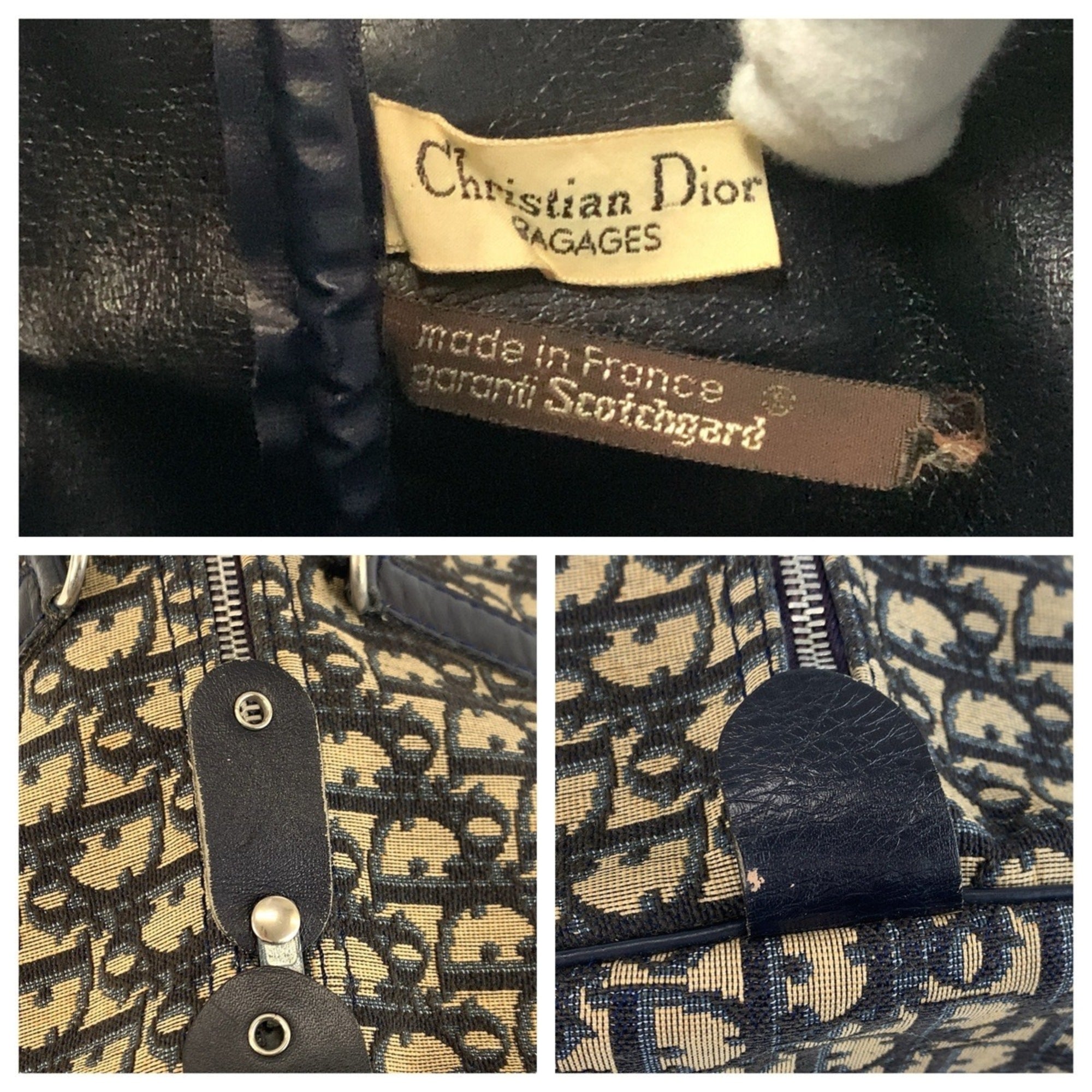 Christian Dior Beige Navy Canvas Leather Boston Bag Handbag (Pre-Owned)