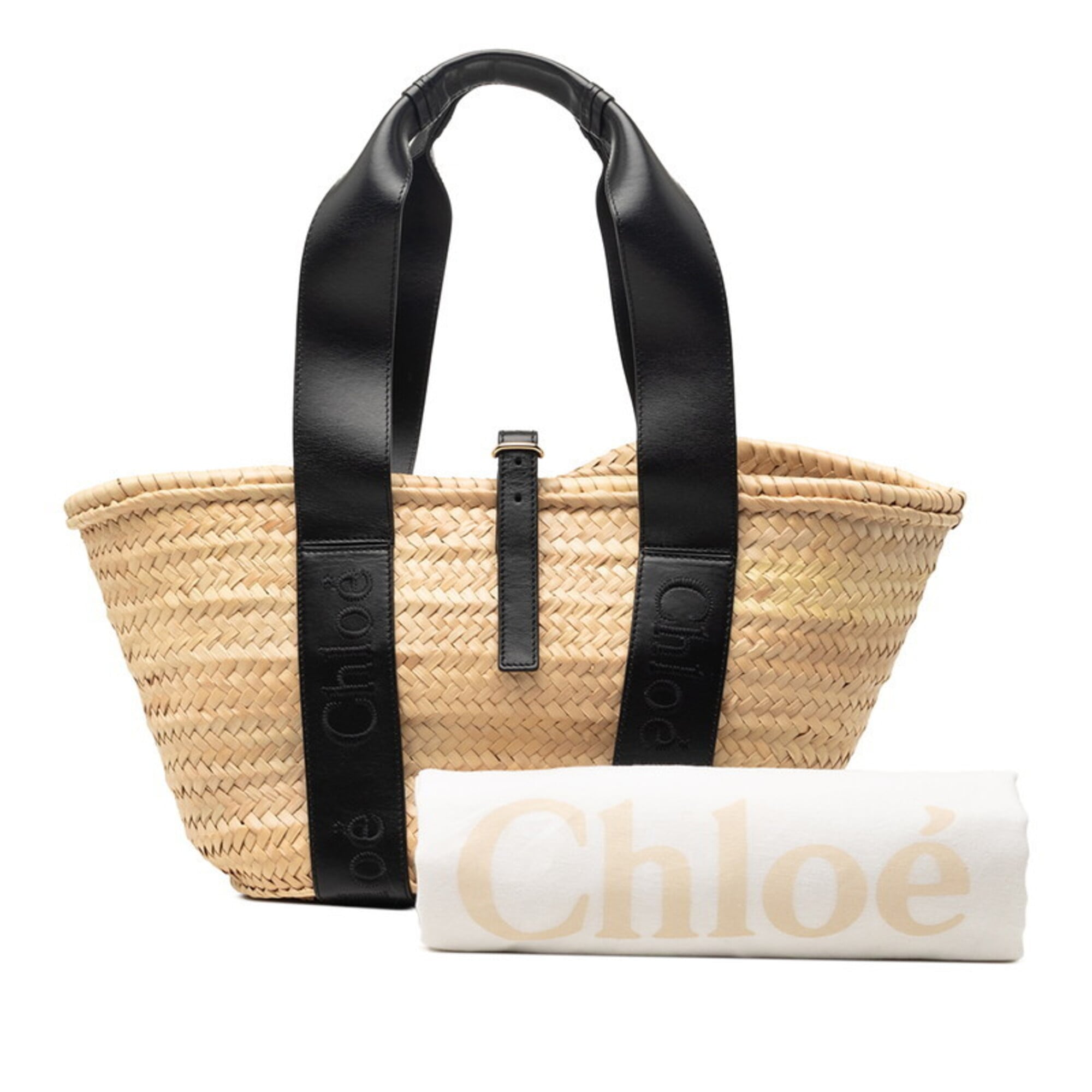 Chloé Beige Black Raffia Leather Basket Handbag (Pre-Owned)