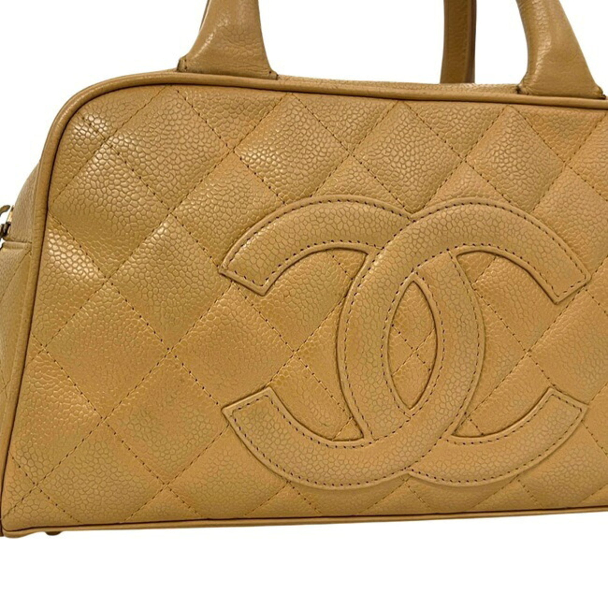 Chanel Beige Grained Calfskin Boston Bag Handbag (Pre-Owned)