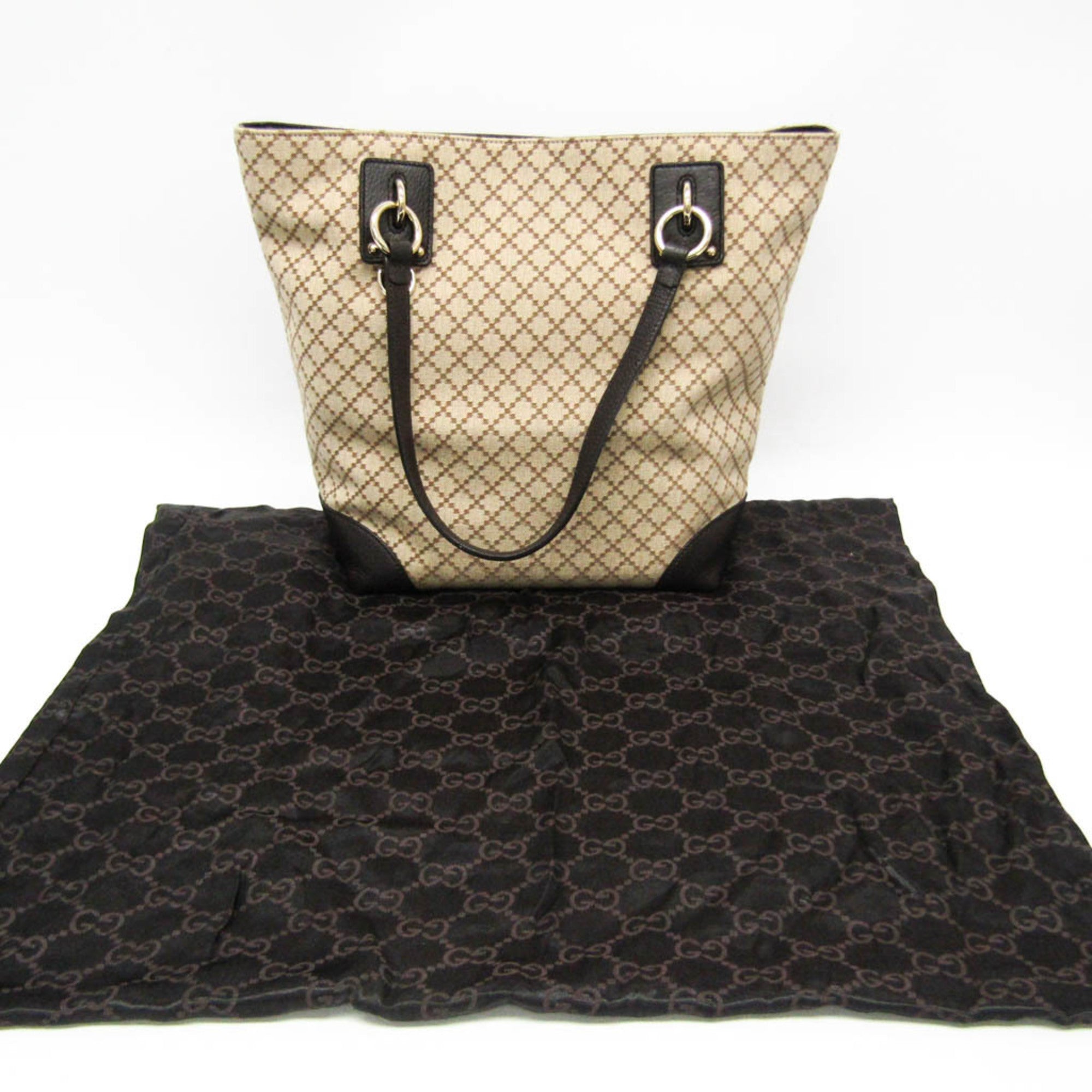 Gucci Diamante Beige Brown Canvas Leather Tote Bag (Pre-Owned)