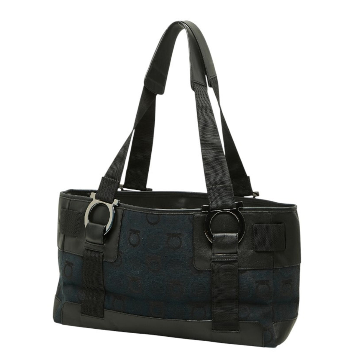 Salvatore Ferragamo Black Navy Canvas Handbag Tote Bag (Pre-Owned)