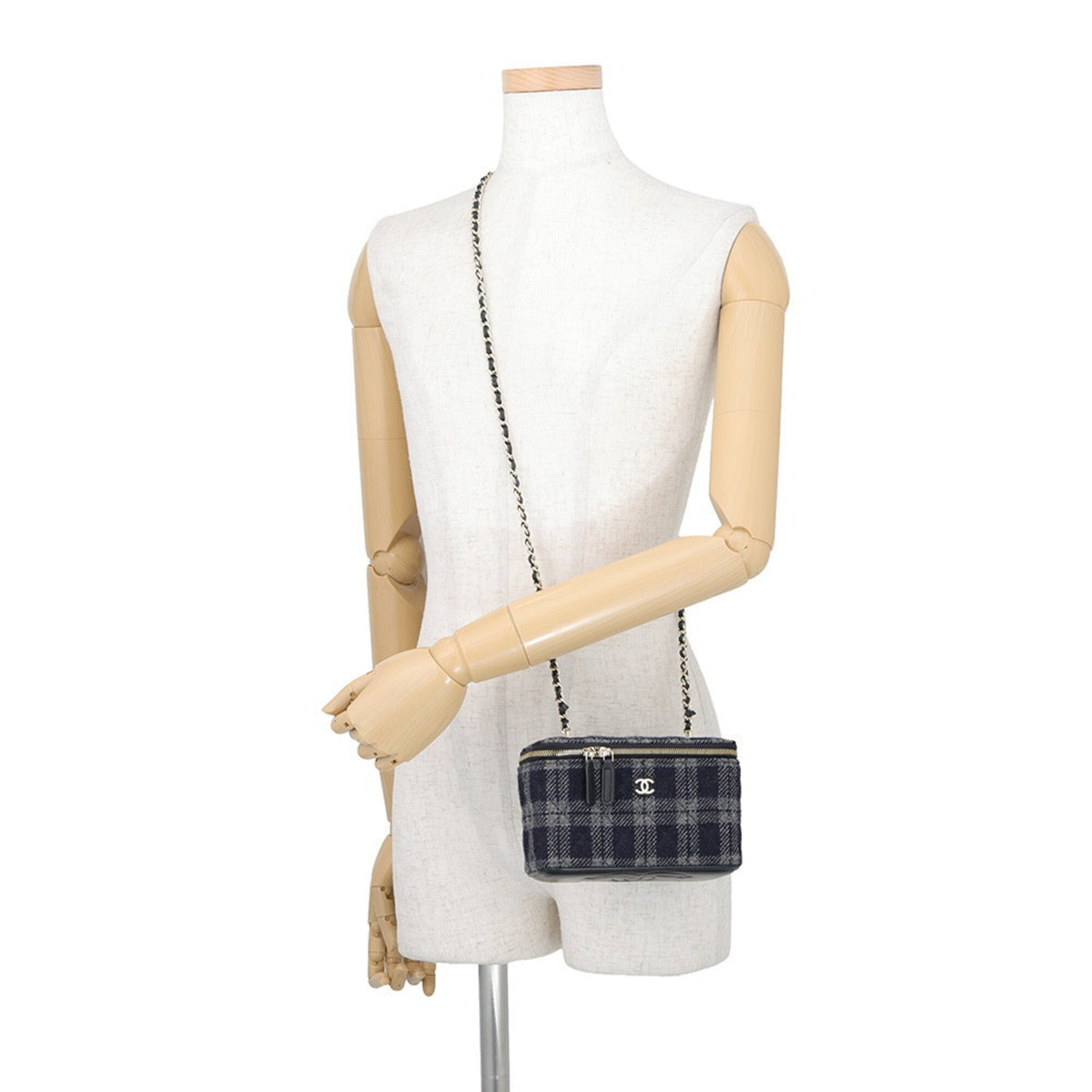 Chanel Gray Navy Tweed Leather Handbag Shoulder Bag (Pre-Owned)