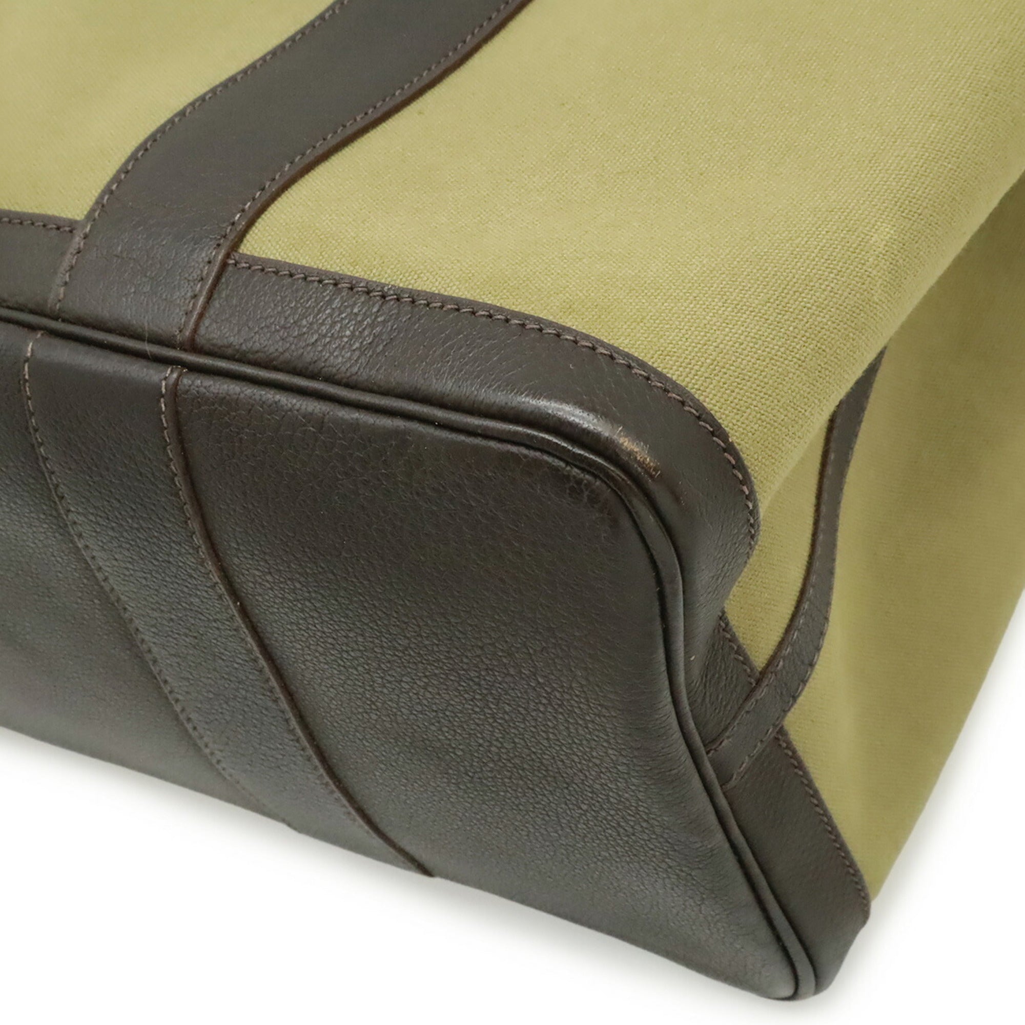 Hermes Garden Dark Brown Khaki Canvas Leather Handbag Tote Bag (Pre-Owned)