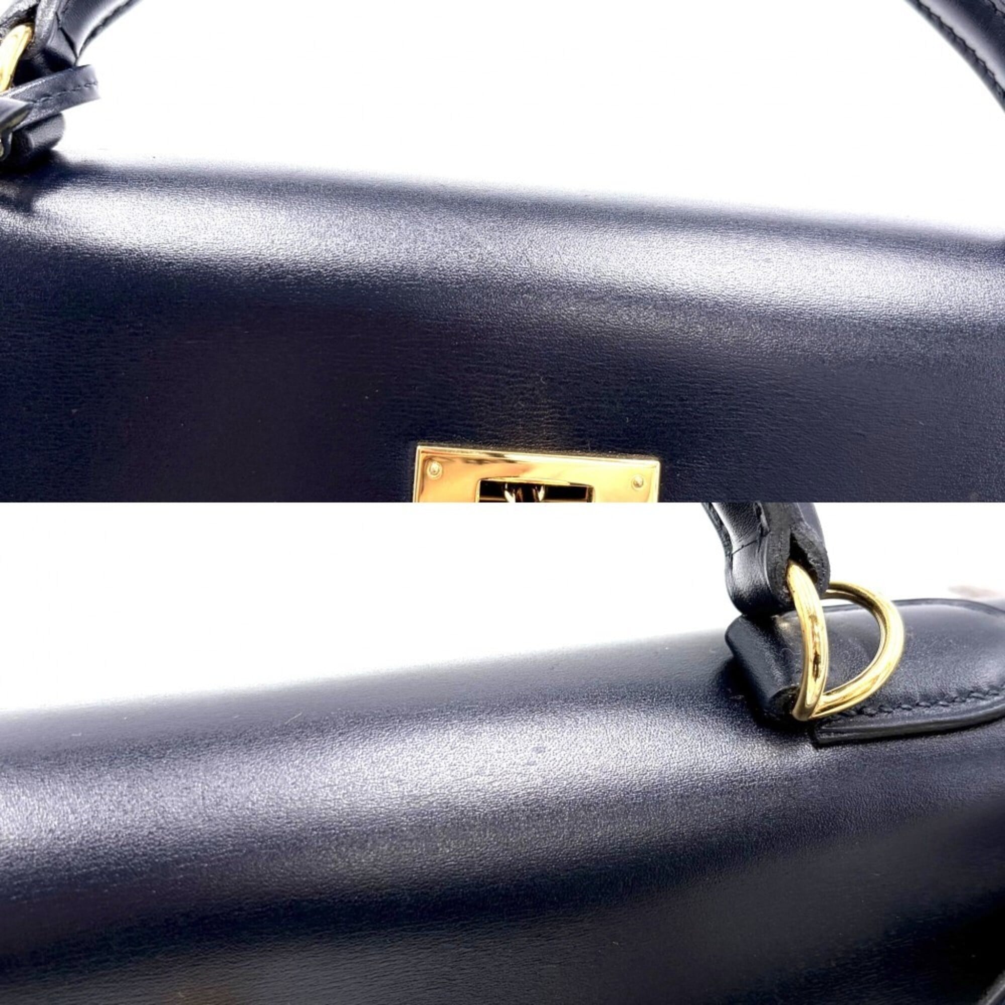Hermes Kelly Navy Box Calf Leather Handbag Shoulder Bag (Pre-Owned)