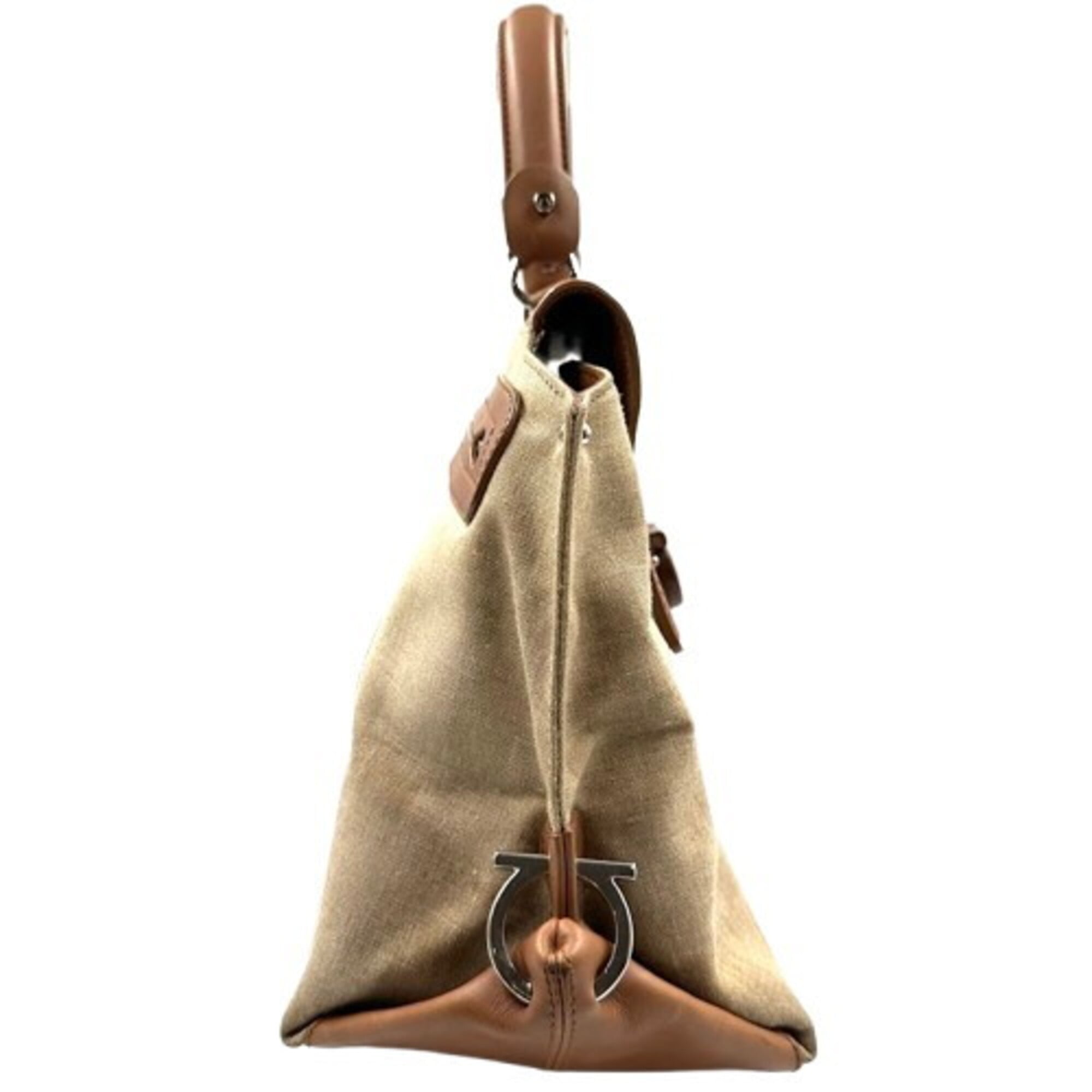 Salvatore Ferragamo Beige Brown Canvas Leather Handbag (Pre-Owned)