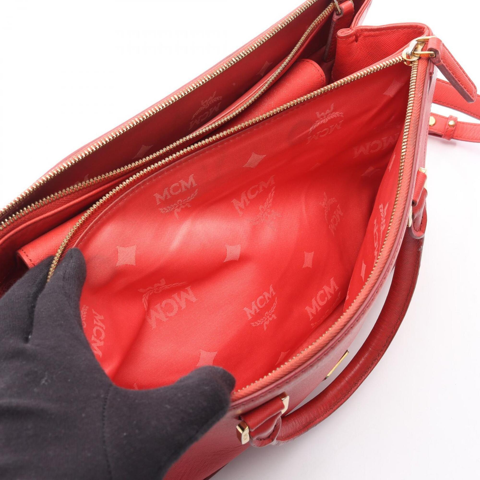 Mcm Red Color Leather Handbag Tote Bag (Pre-Owned)