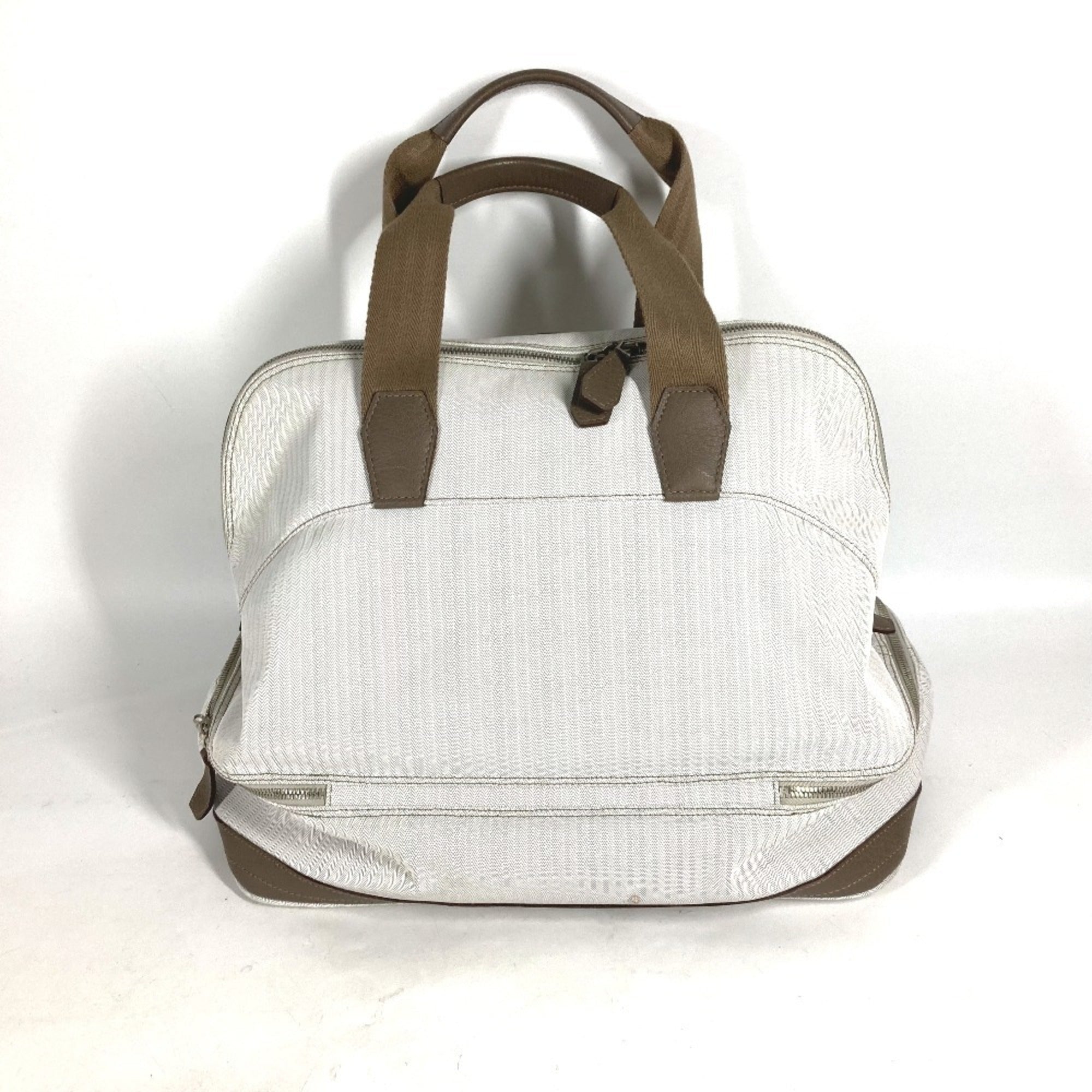 Hermes Beige Etoupe Gray White Toile Chevron Leather Boston Bag Handbag (Pre-Owned)
