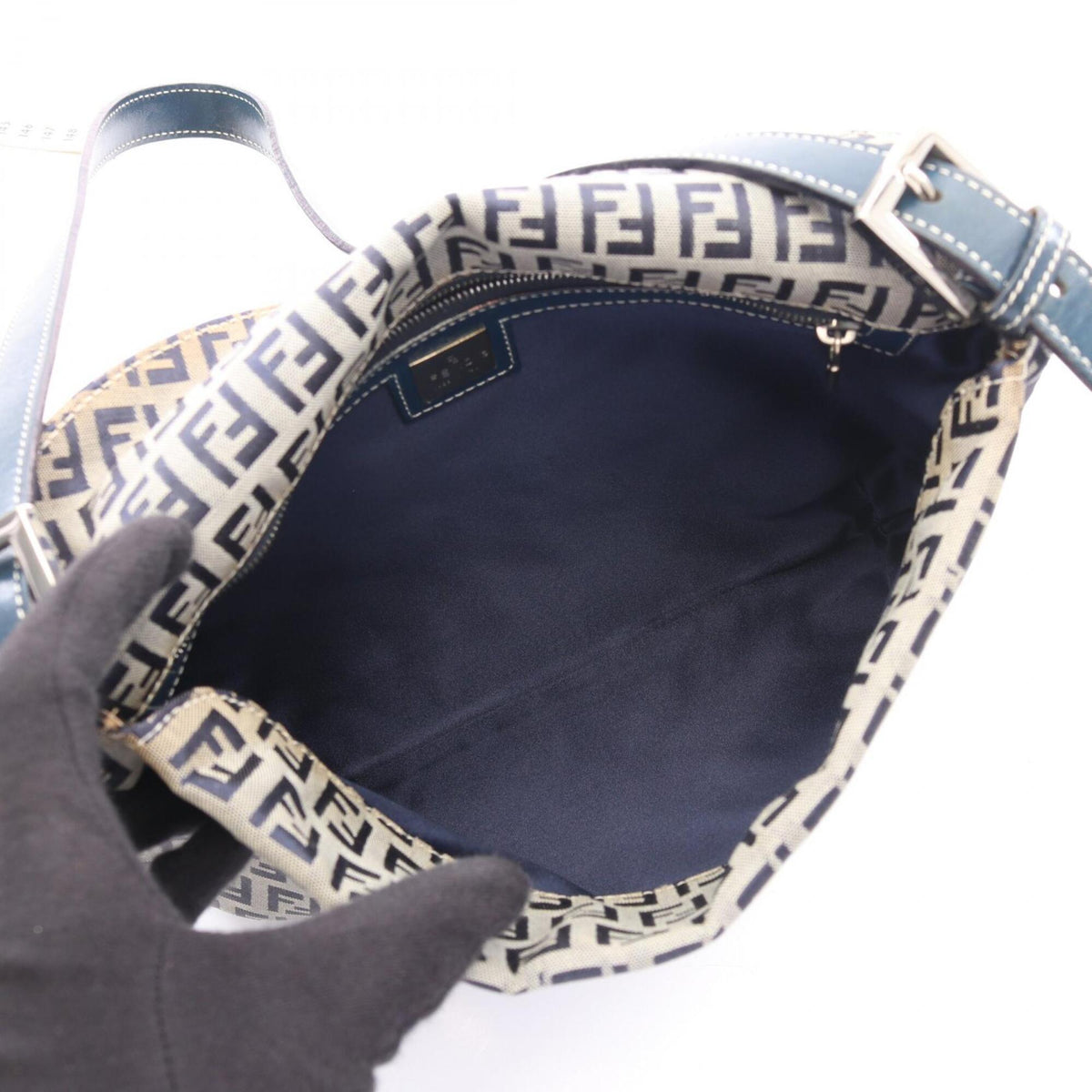 Fendi Zucchino Gray Navy Canvas Leather Handbag Shoulder Bag (Pre-Owned)