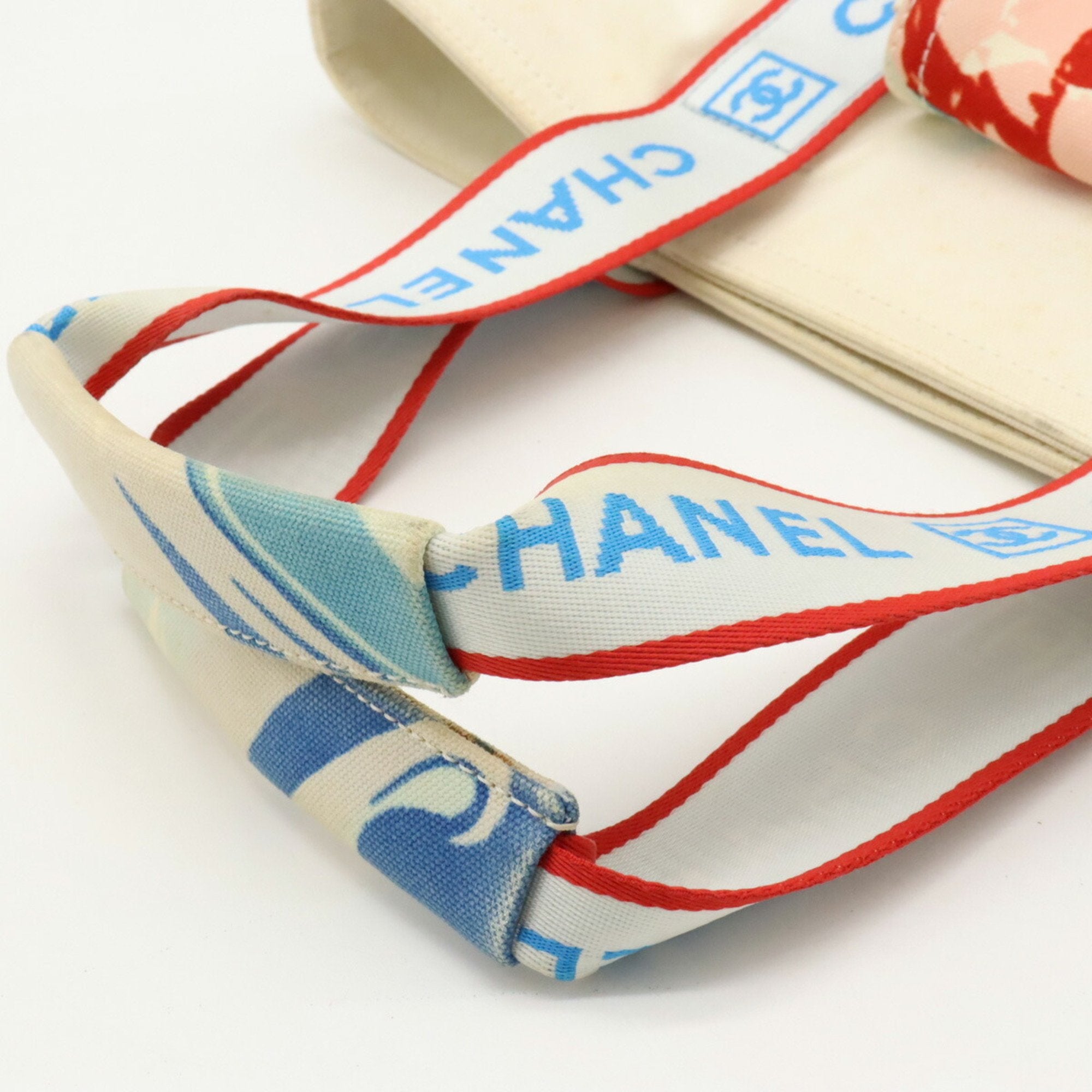 Chanel Ivory Light Blue Red Color Canvas Shoulder Bag Tote Bag (Pre-Owned)