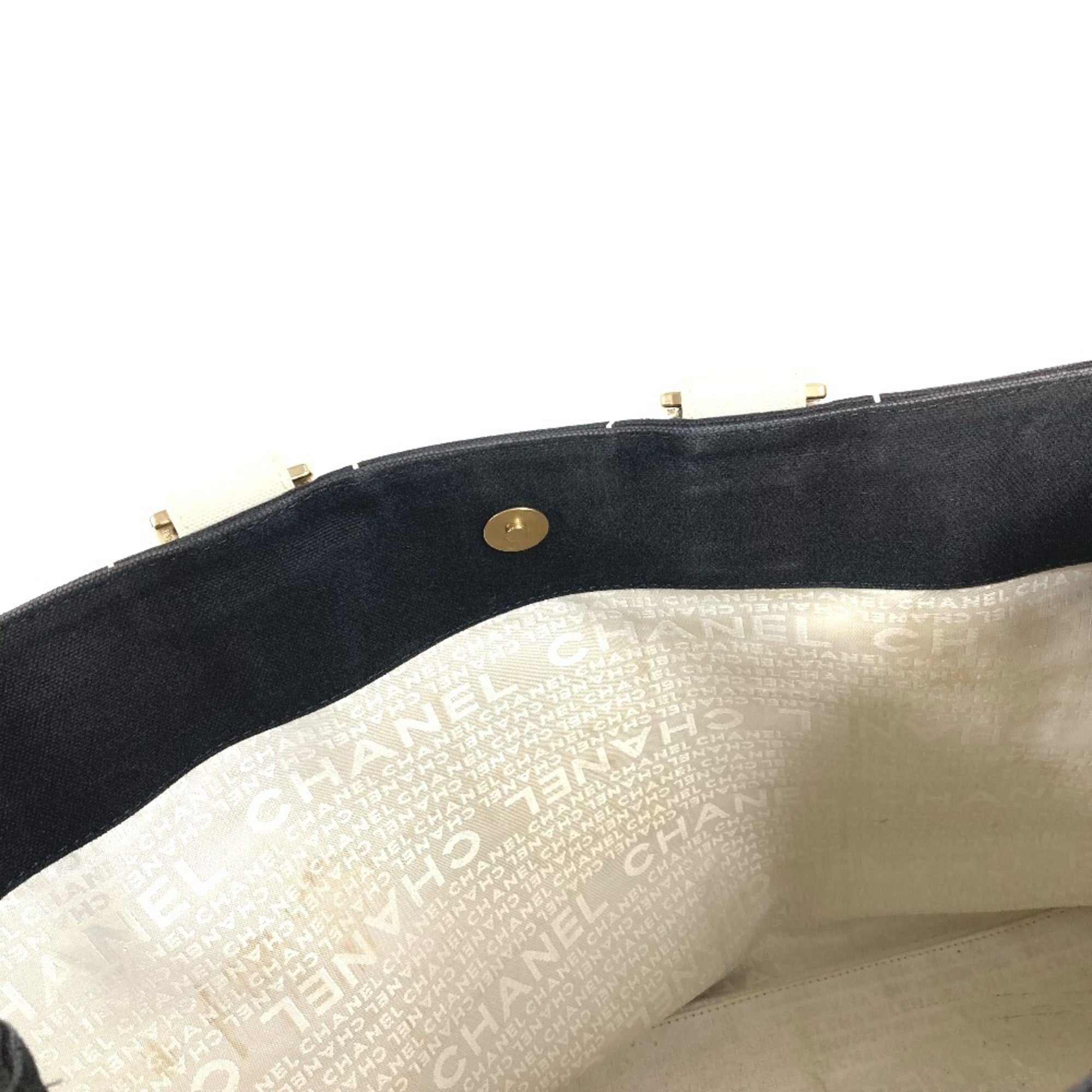 Chanel Black White Canvas Handbag Shoulder Bag Tote Bag (Pre-Owned)