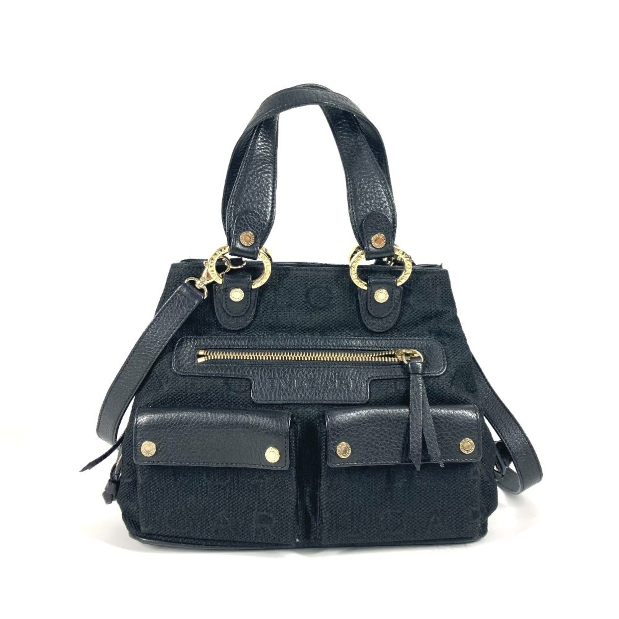 Bvlgari Black Leather Canvas Handbag Shoulder Bag Tote Bag (Pre-Owned)