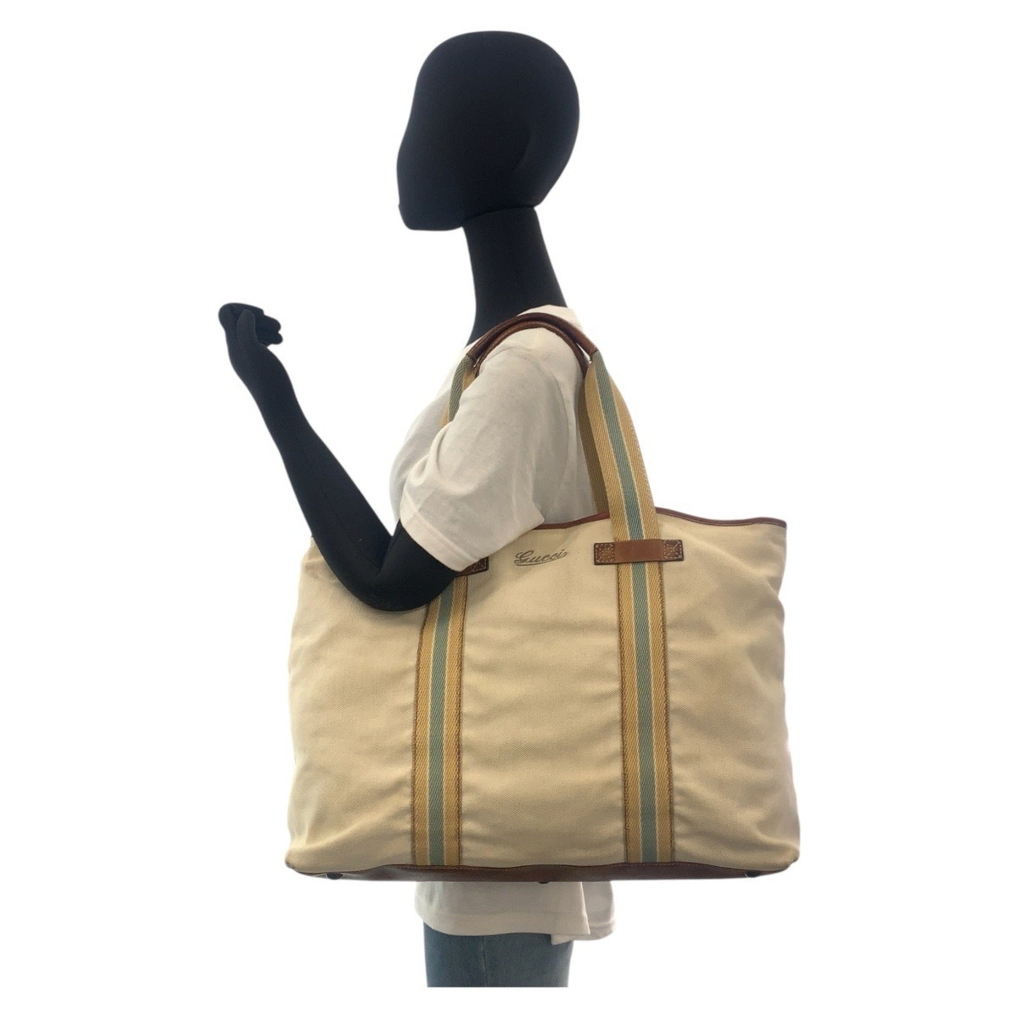 Gucci Beige Brown Canvas Leather Shoulder Bag Tote Bag (Pre-Owned)