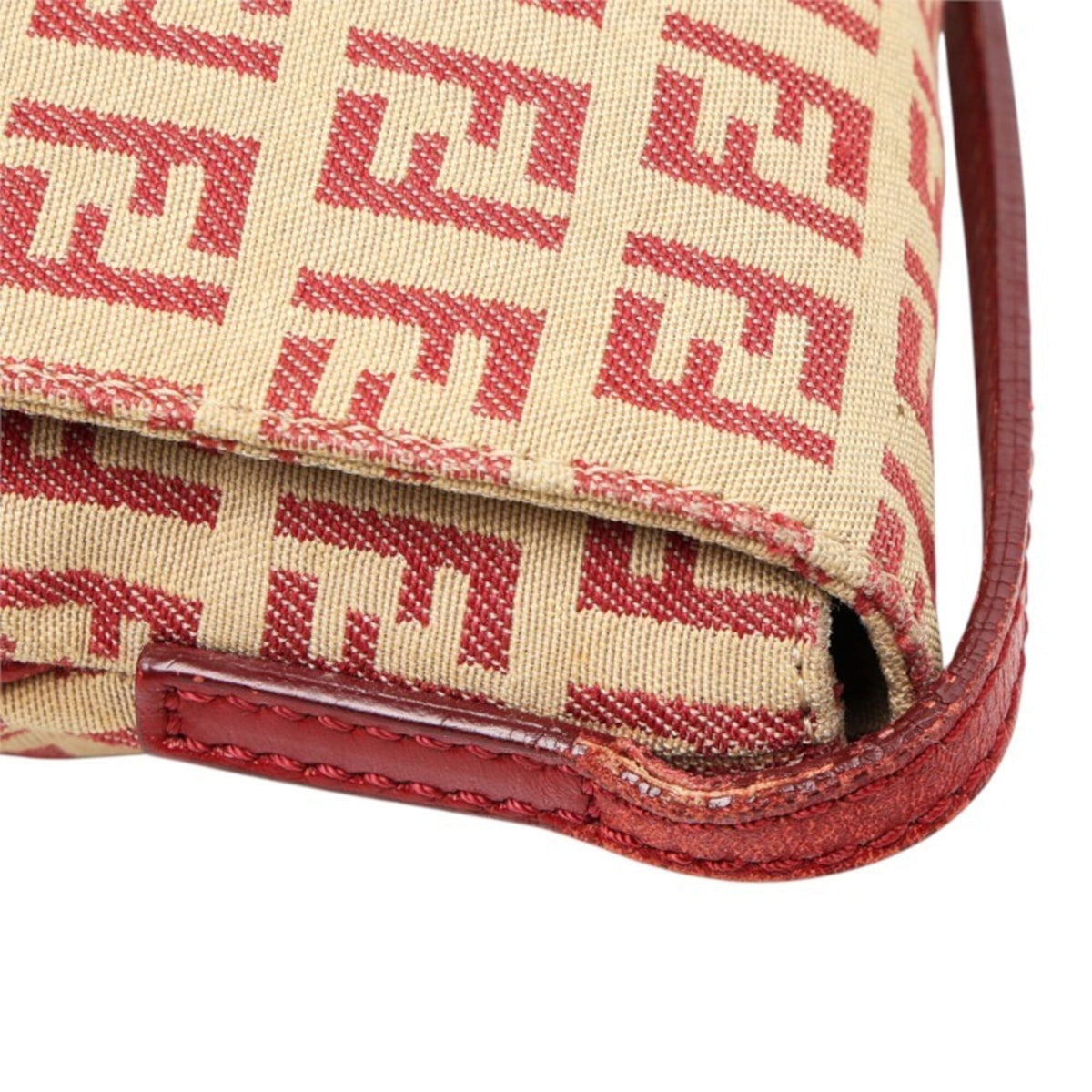 Fendi Zucchino Beige Red Color Canvas Leather Shoulder Bag (Pre-Owned)