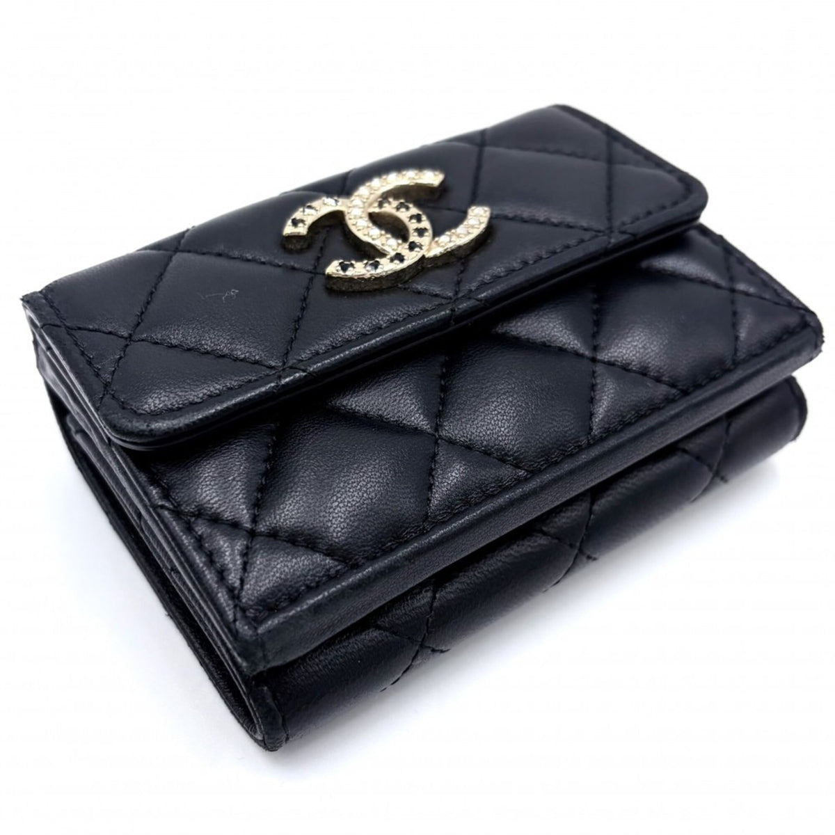 Chanel Black Rhinestone Leather Artificial Pearl Wallet (Tri-Fold) (Pre-Owned)