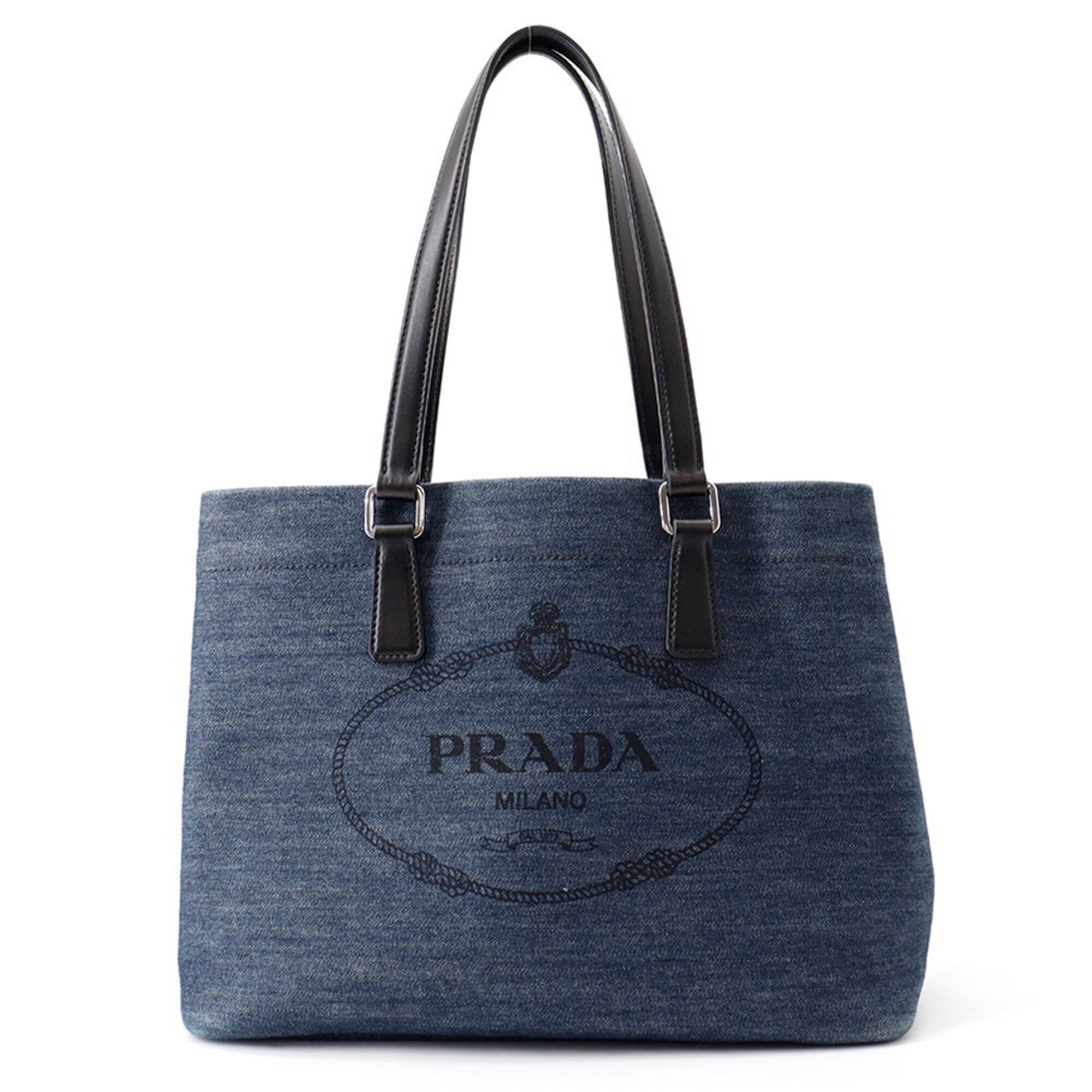 Prada Black Blue Cotton Leather Shoulder Bag Tote Bag (Pre-Owned)