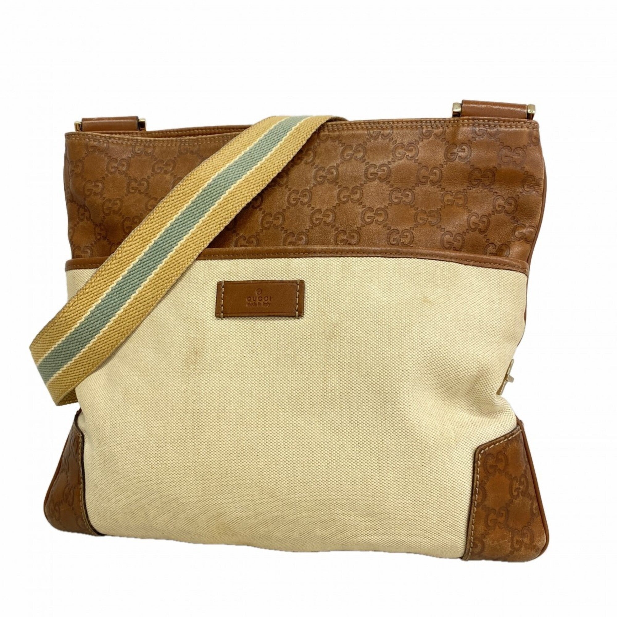Gucci Beige Brown Canvas Leather Shoulder Bag (Pre-Owned)