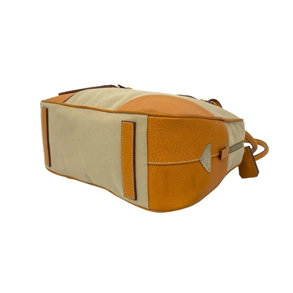 Prada Beige Leather Canvas Boston Bag Shoulder Bag Tote Bag (Pre-Owned)