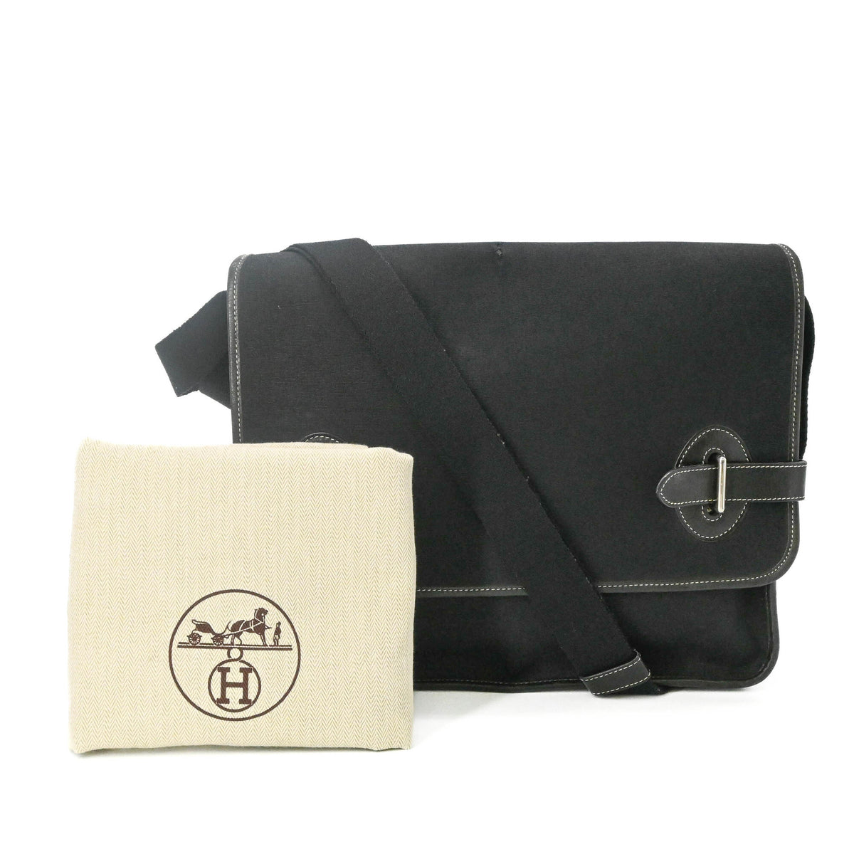 Hermes Buenaventura Black Toile H Leather Messenger Bag Shoulder Bag (Pre-Owned)