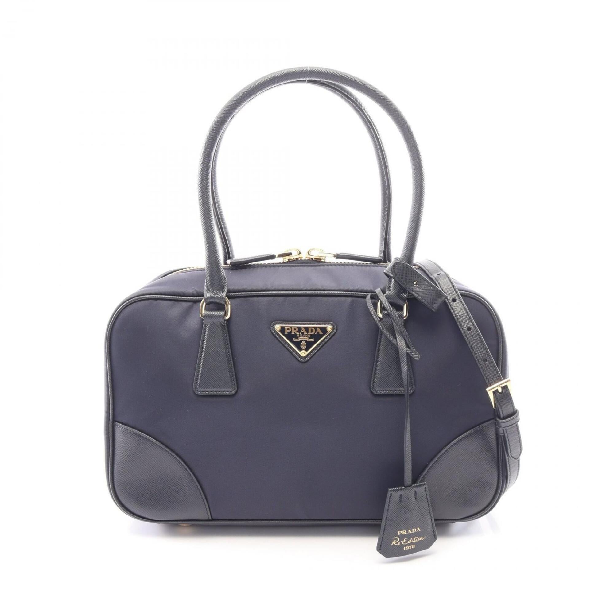 Prada Black Navy Nylon Leather Handbag (Pre-Owned)