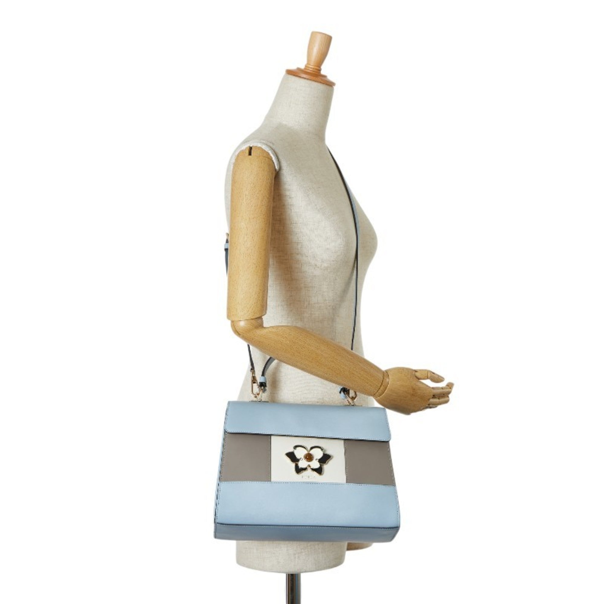 Furla Light Blue White Leather Handbag Shoulder Bag (Pre-Owned)