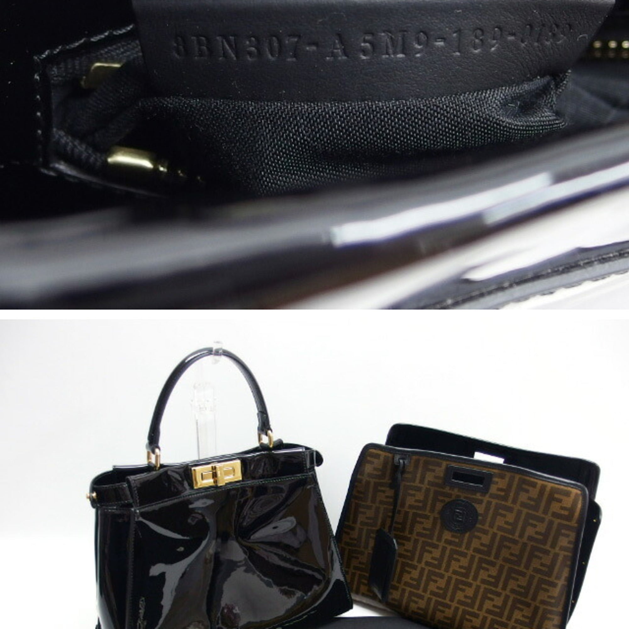 Fendi Peekaboo Black Brown Dark Brown Coated Canvas Patent Leather Handbag (Pre-Owned)