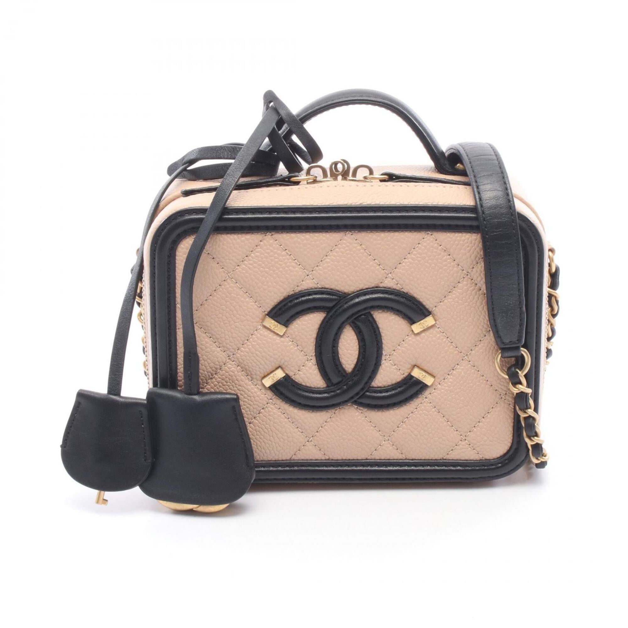 Chanel Beige Black Leather Handbag Shoulder Bag Vanity Bag (Pre-Owned)