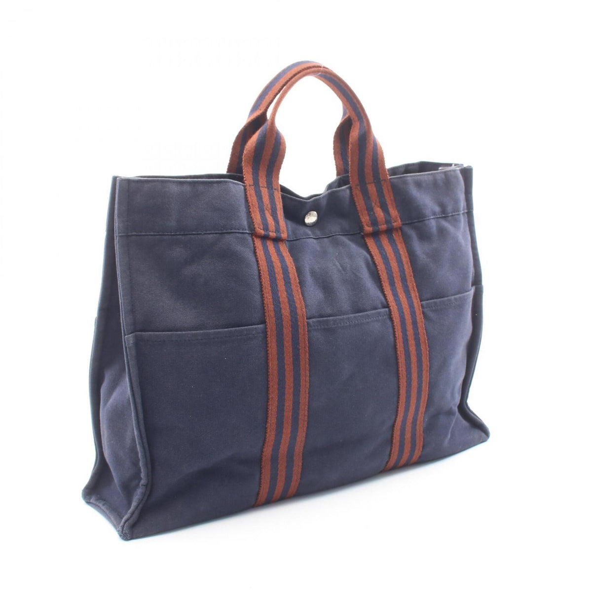 Hermes Brown Navy Canvas Handbag Tote Bag (Pre-Owned)