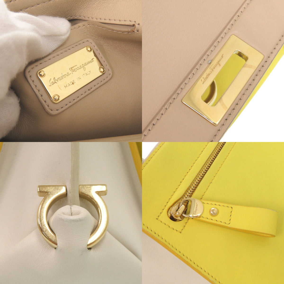 Salvatore Ferragamo Beige Multi-Color White Yellow Leather Handbag Shoulder Bag (Pre-Owned)