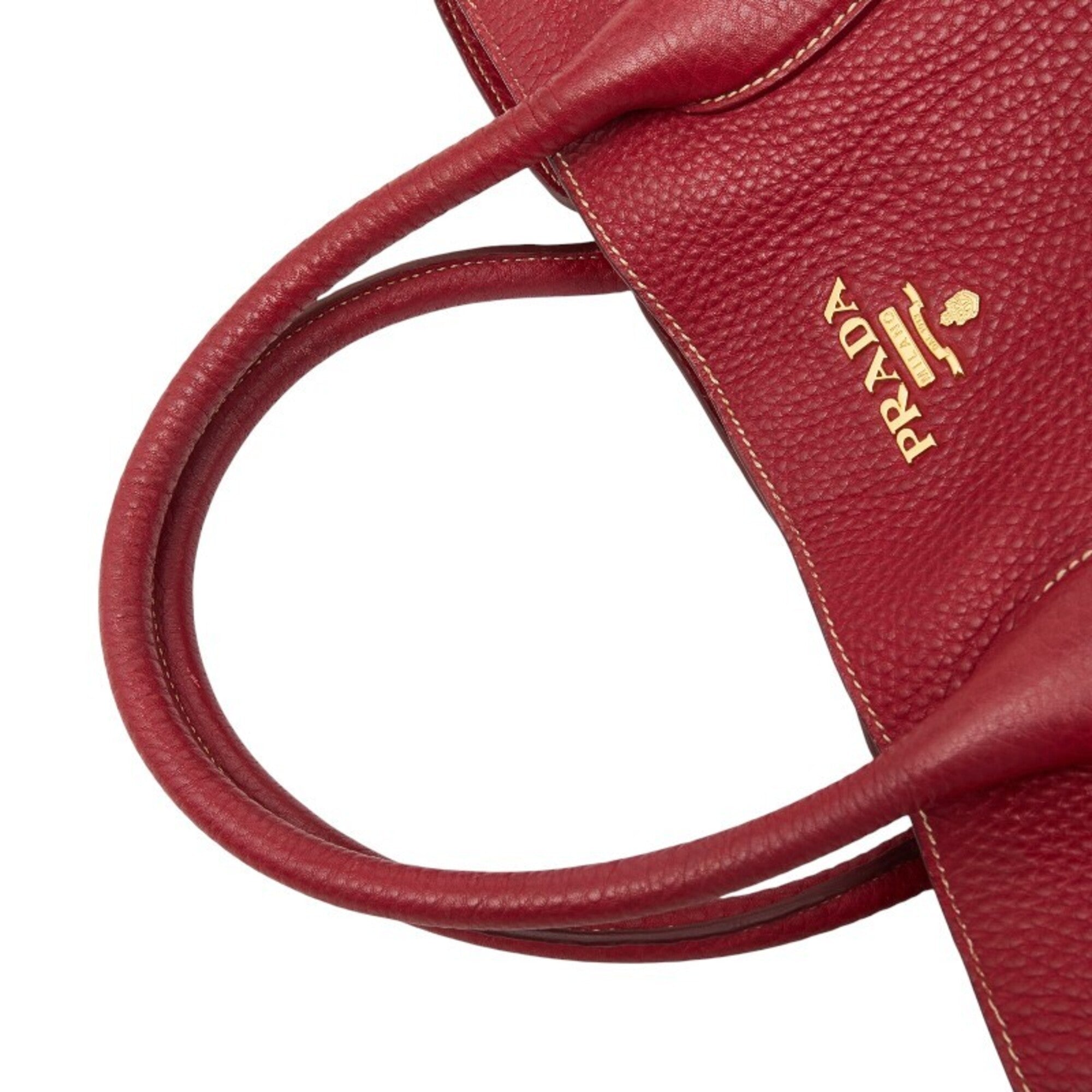 Prada Red Color Leather Shoulder Bag Tote Bag (Pre-Owned)