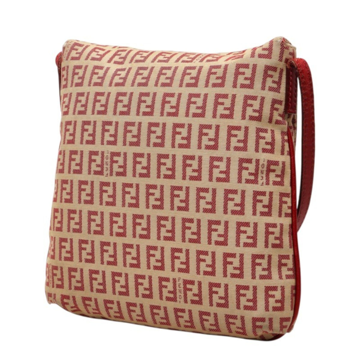 Fendi Zucchino Beige Red Color Canvas Leather Shoulder Bag (Pre-Owned)