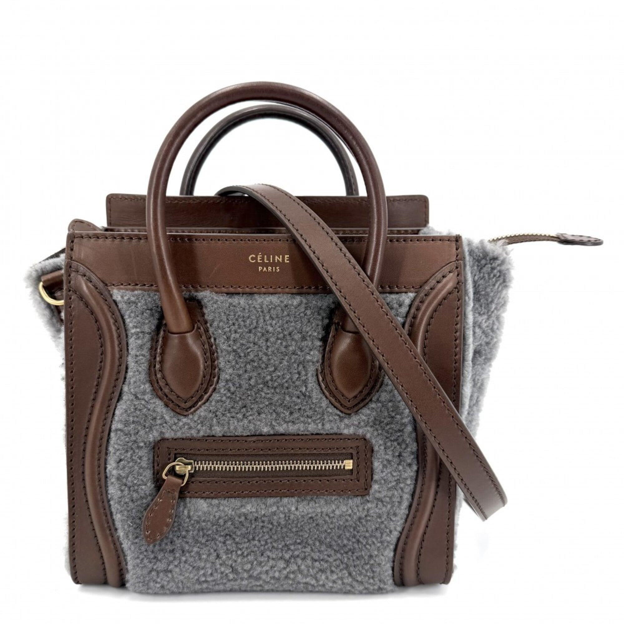 Celine Brown Gray Leather Handbag Shoulder Bag (Pre-Owned)
