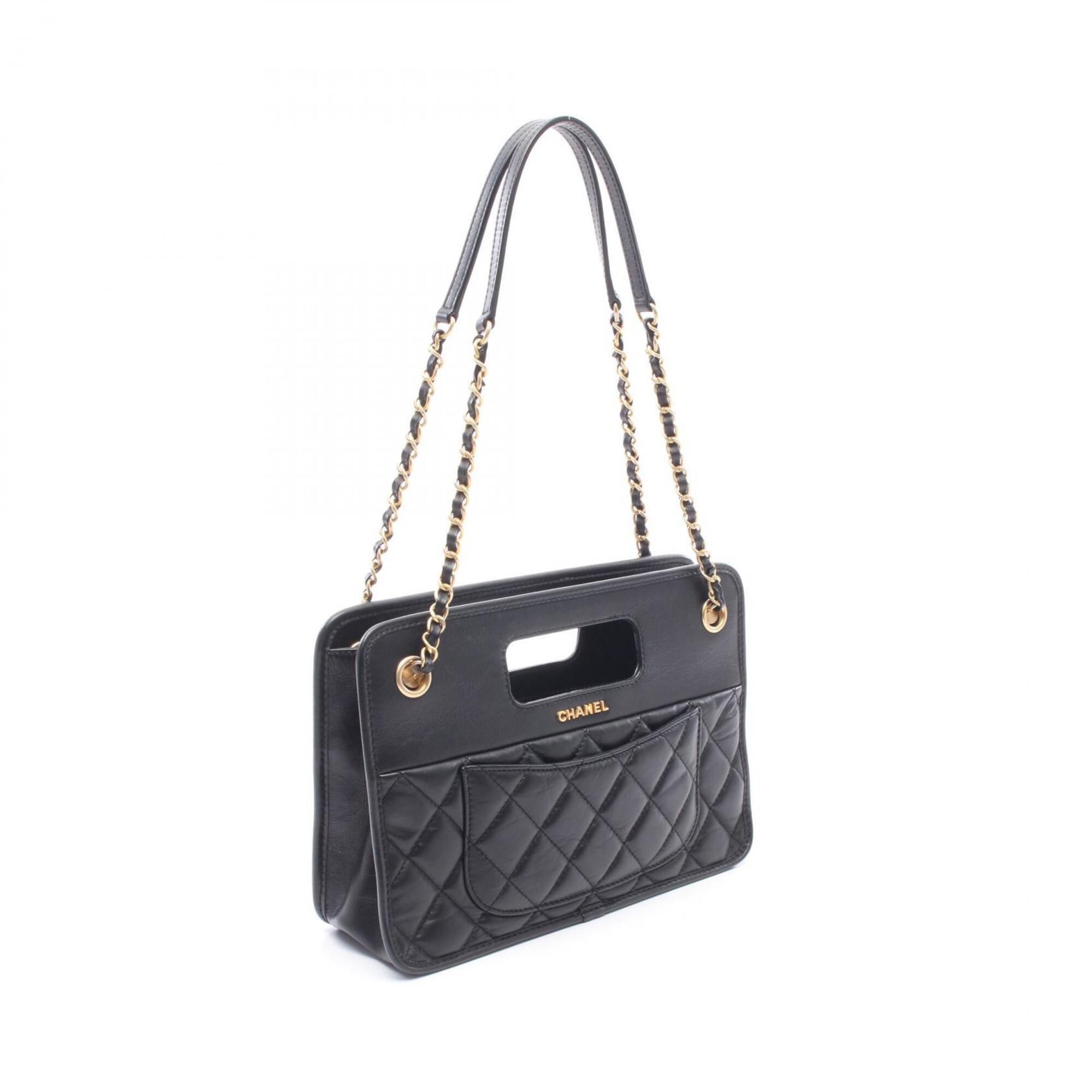 Chanel Black Leather Handbag Shopping Bag Shoulder Bag (Pre-Owned)