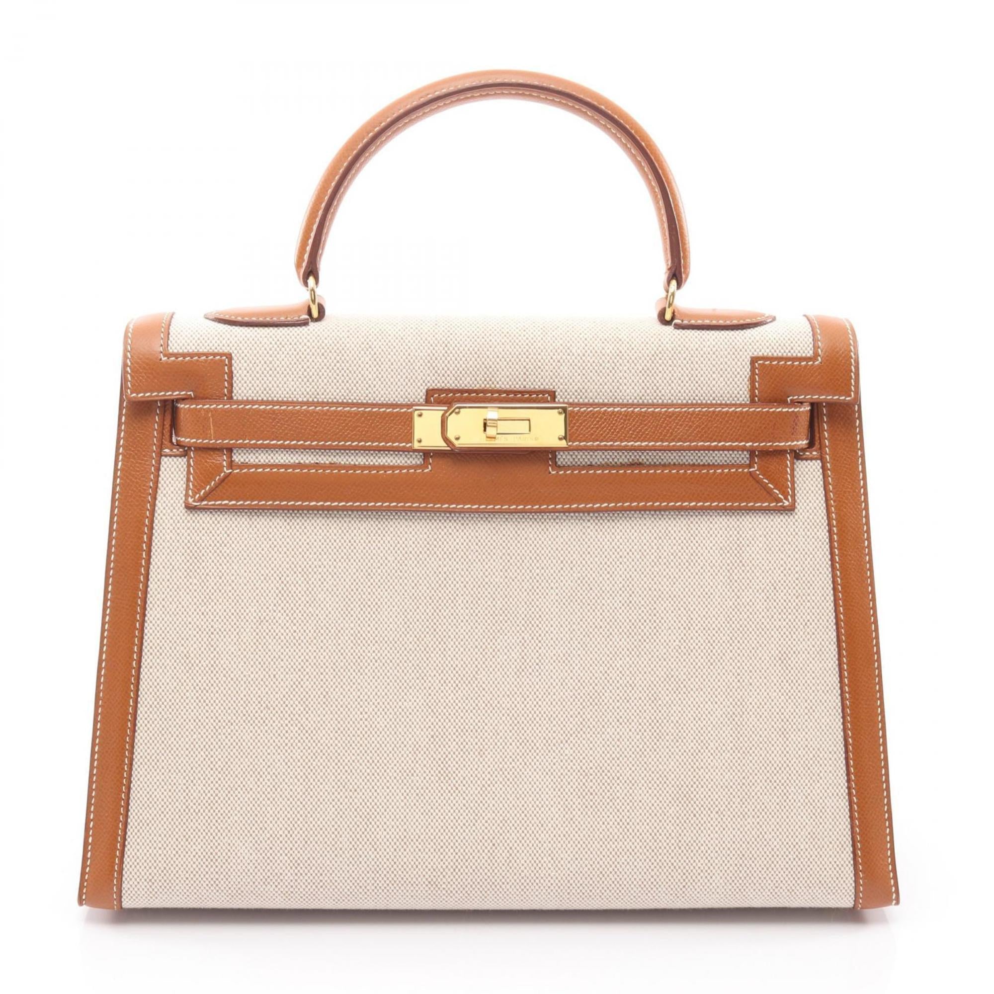 Hermes Beige Brown Canvas Leather Handbag (Pre-Owned)