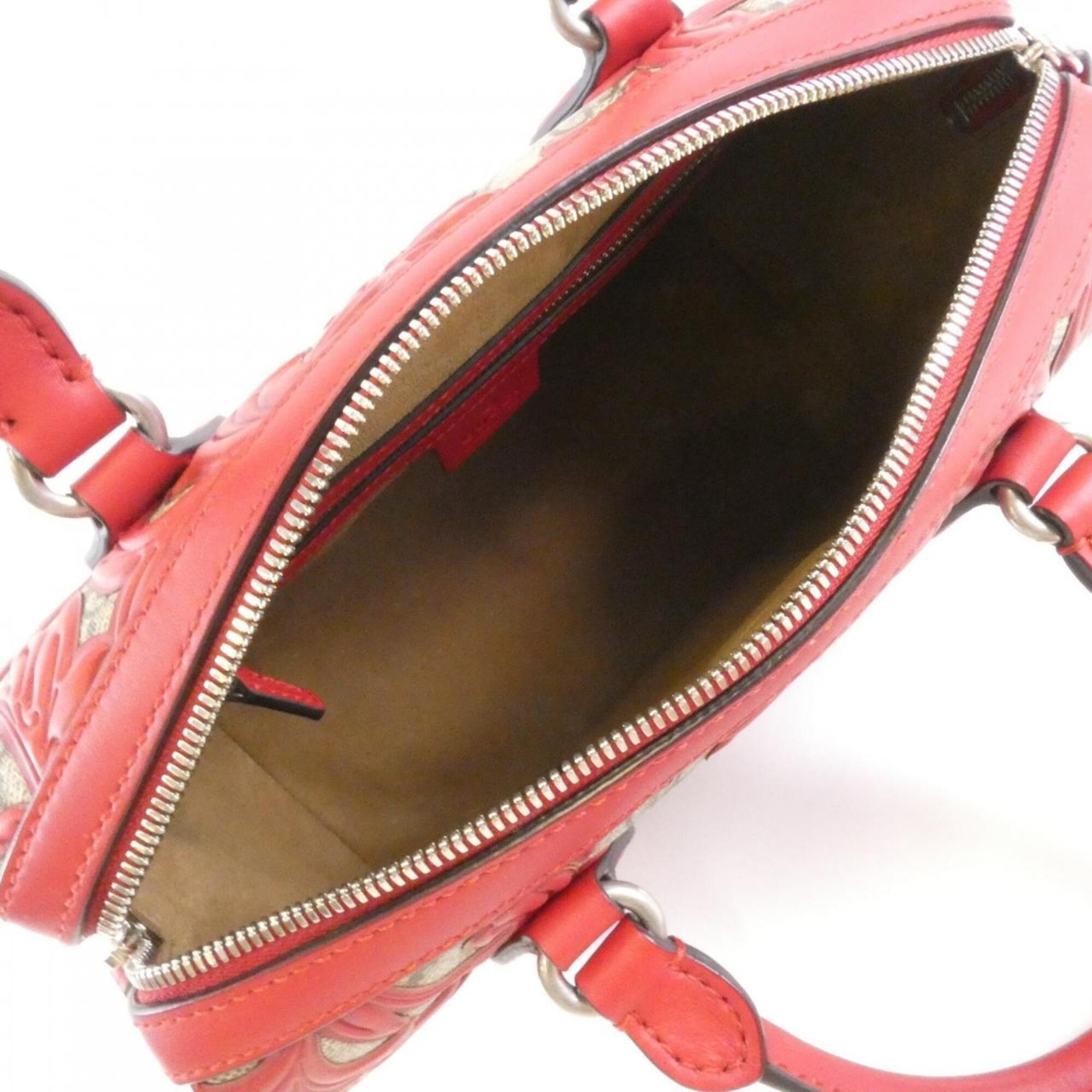 Gucci Beige Red Color Gg Supreme Canvas Leather Handbag (Pre-Owned)